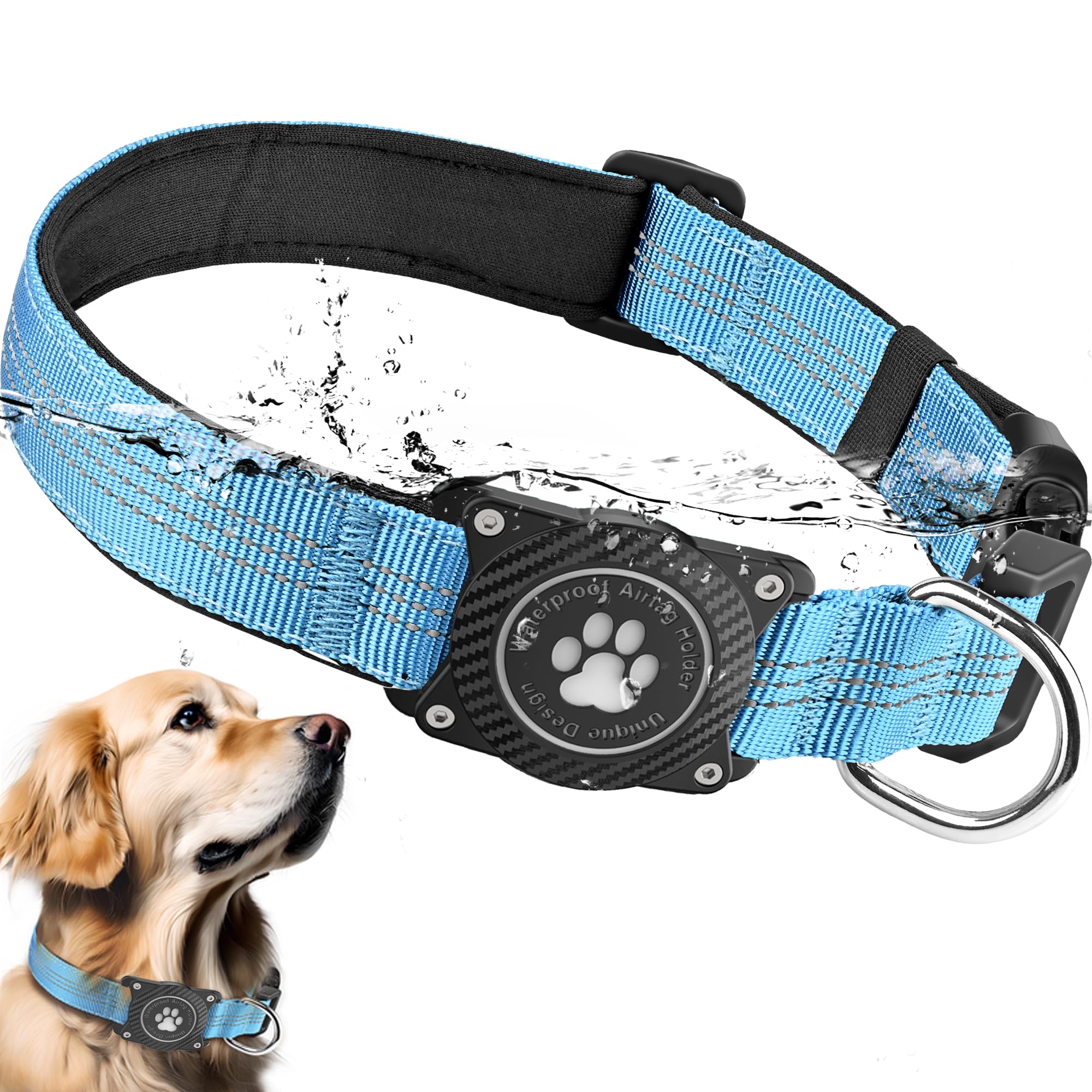 OKVSKO Airtag Dog Collar, Waterproof Air Tag Holder Dog Collar, Luminous & Reflective, Comfortable Padded, Adjustable Pet Collar for Small Medium