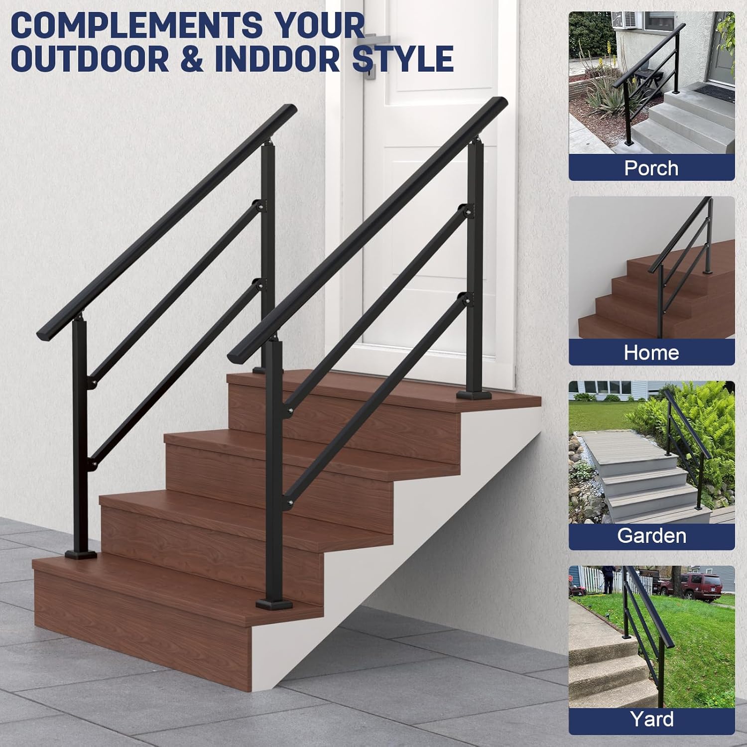 2 Pack Handrails for Outdoor Steps, Wrought Iron Black Stair Railing Kits & Hand Rails for Indoor Stairs for Porch, Concrete, Wood&Brick(Fit 1-4 Steps), Metal Railing for Stairs & Stair Railing Indoor