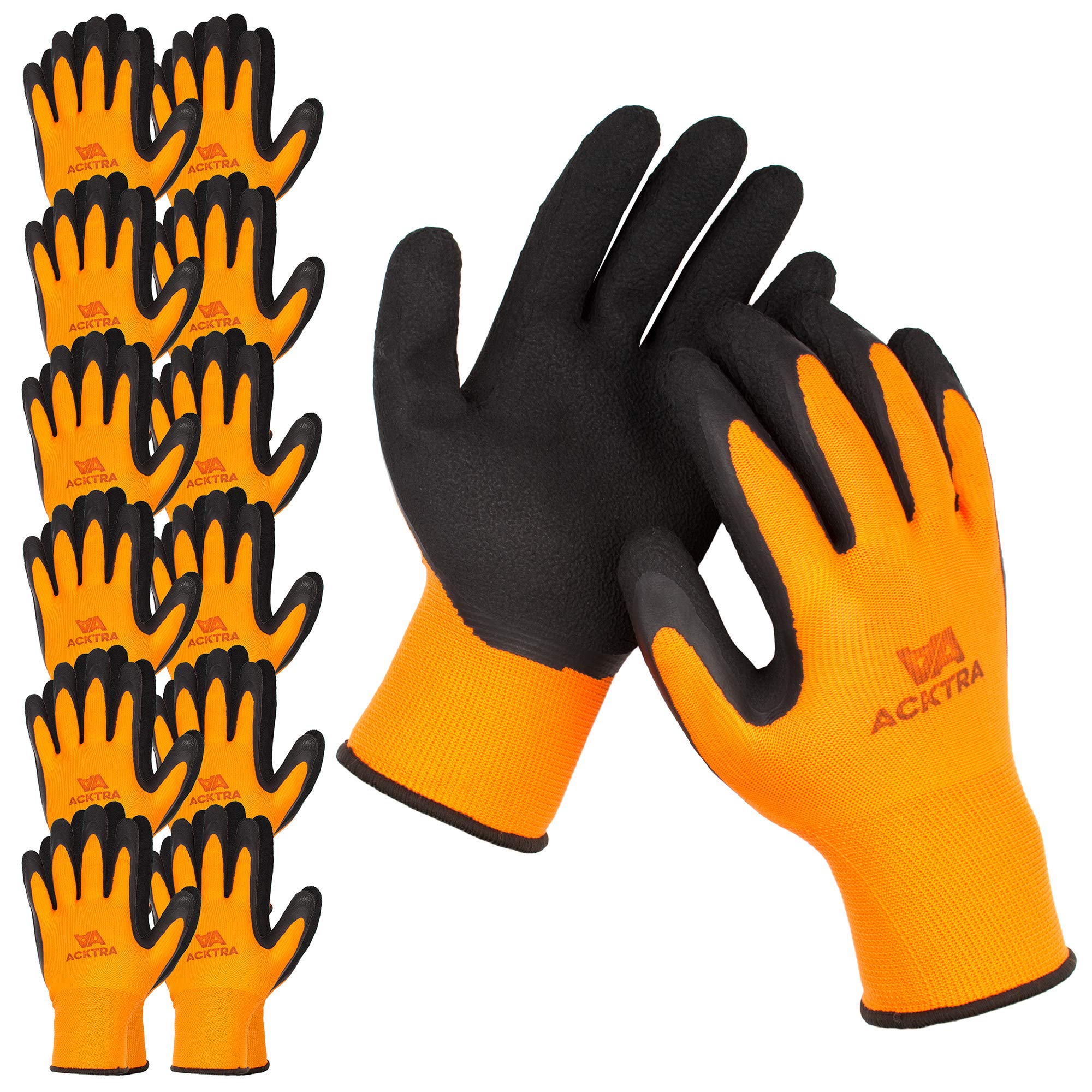 ACKTRA Premium Coated Nylon Safety WORK GLOVES 12 Pairs, Knit Wrist Cuff, for Gardening and General Purpose, for Men & Women, WG009 Orange Polyester,
