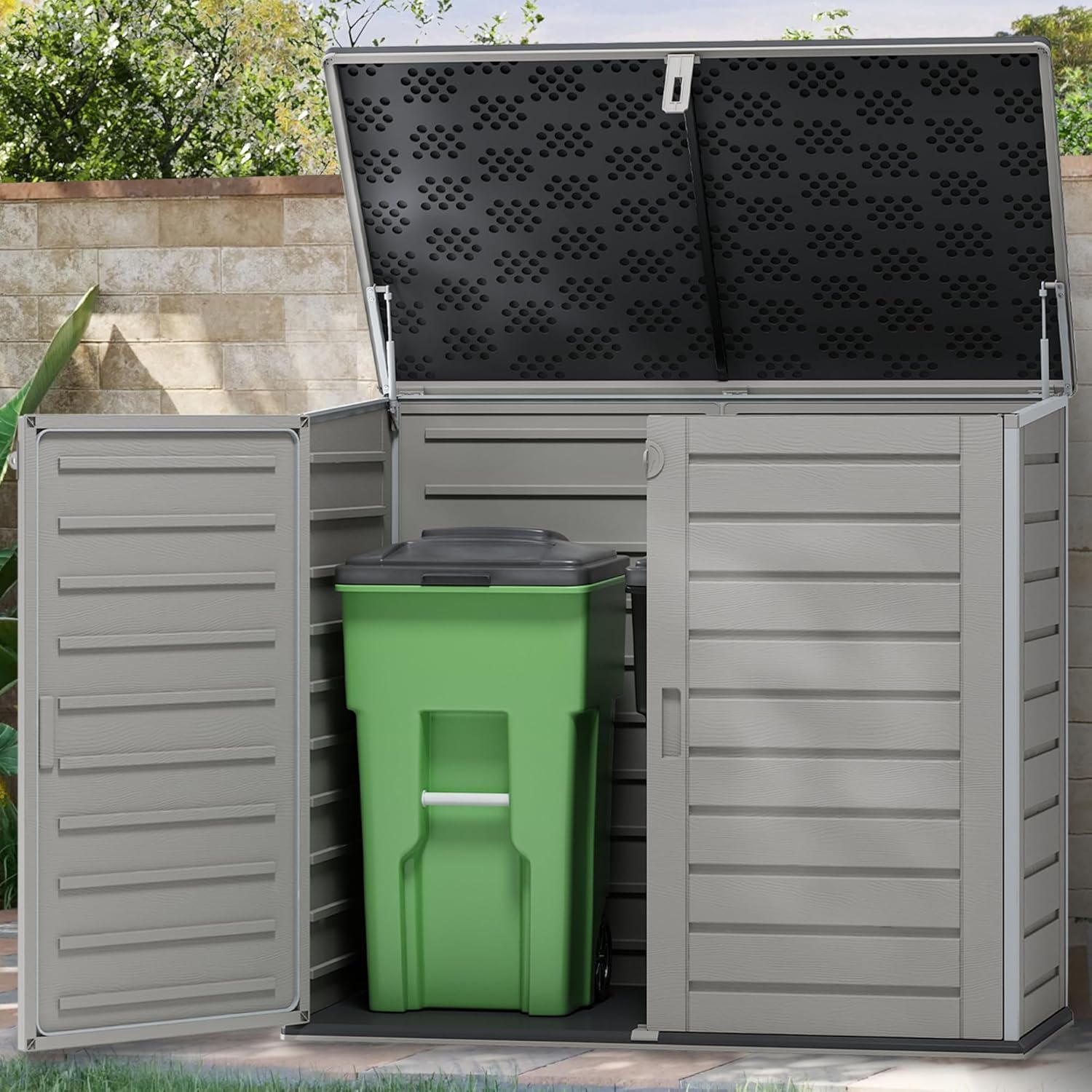 4.6 Ft X 4.1 Ft Resin Storage Shed, Multi-Purpose Outdoor Storage Cabinet, Large Outside Trash Can Storage, Lawn Mower Storage with Double Lockable Doors, Suitable Backyards and Patios 4.6 Ft X 4.1 Ft Resin Storage Shed, Multi-Purpose Outdoor Storage Cabinet, Large Outside Trash Can Storage, Lawn Mower Storage with Double Lockable Doors, Suitable Backyards and Patios