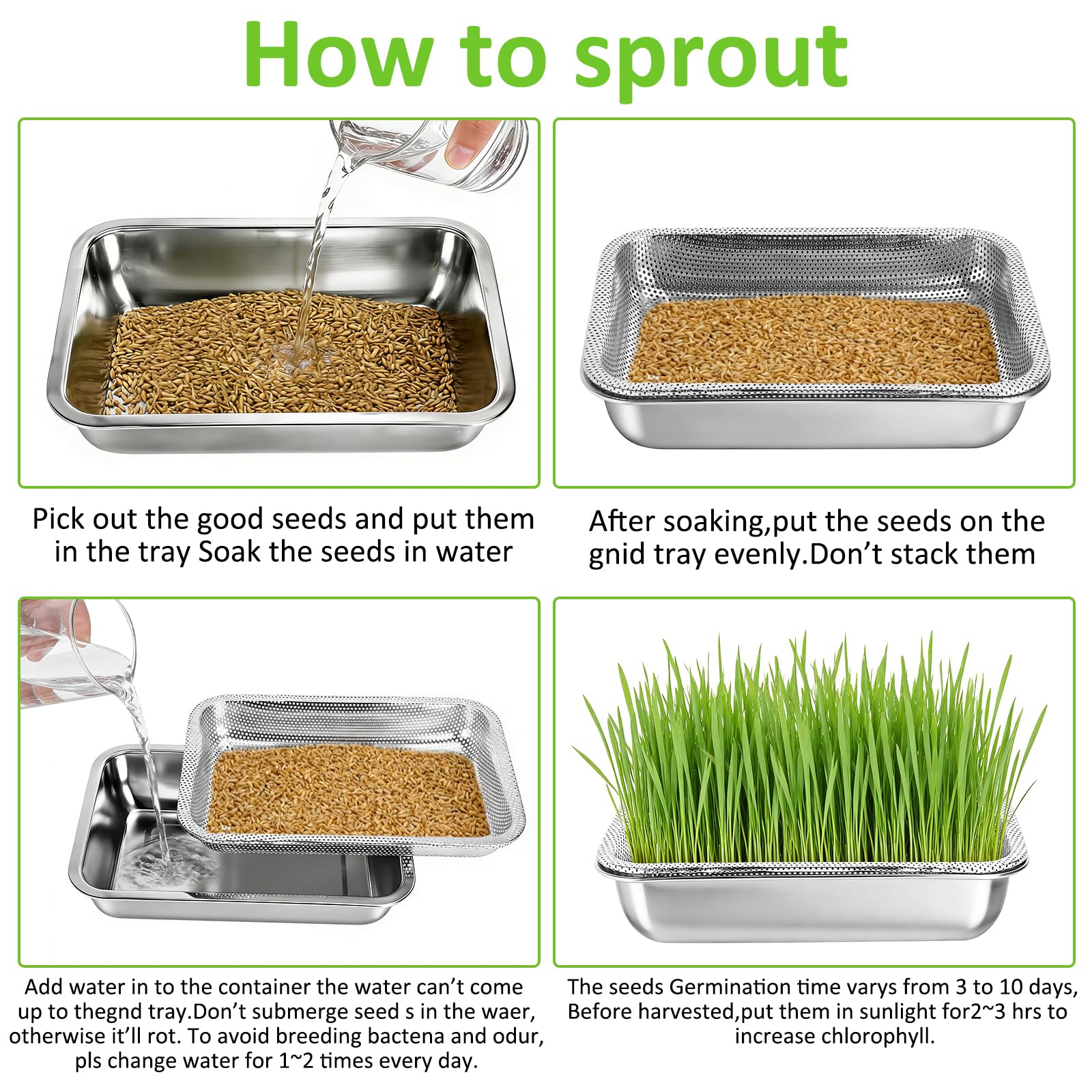 3 Stück Microgreens Growing Kit, Microgreen Schalen für Samensprouter, Sprossenschale zum Anbau von frischen Sprossen, Weizengras, Alfalfa Samen Keimung, Edelstahl