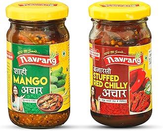 Homemade Combo of Shahi Mango Pickle, Aam ka Achar and Banarsi Stuffed Red Chili Pickle, lal mirch mirchi ka Bharwa Indian achar Less Oil Ghar sa Swad with Indian Taste, 200g each