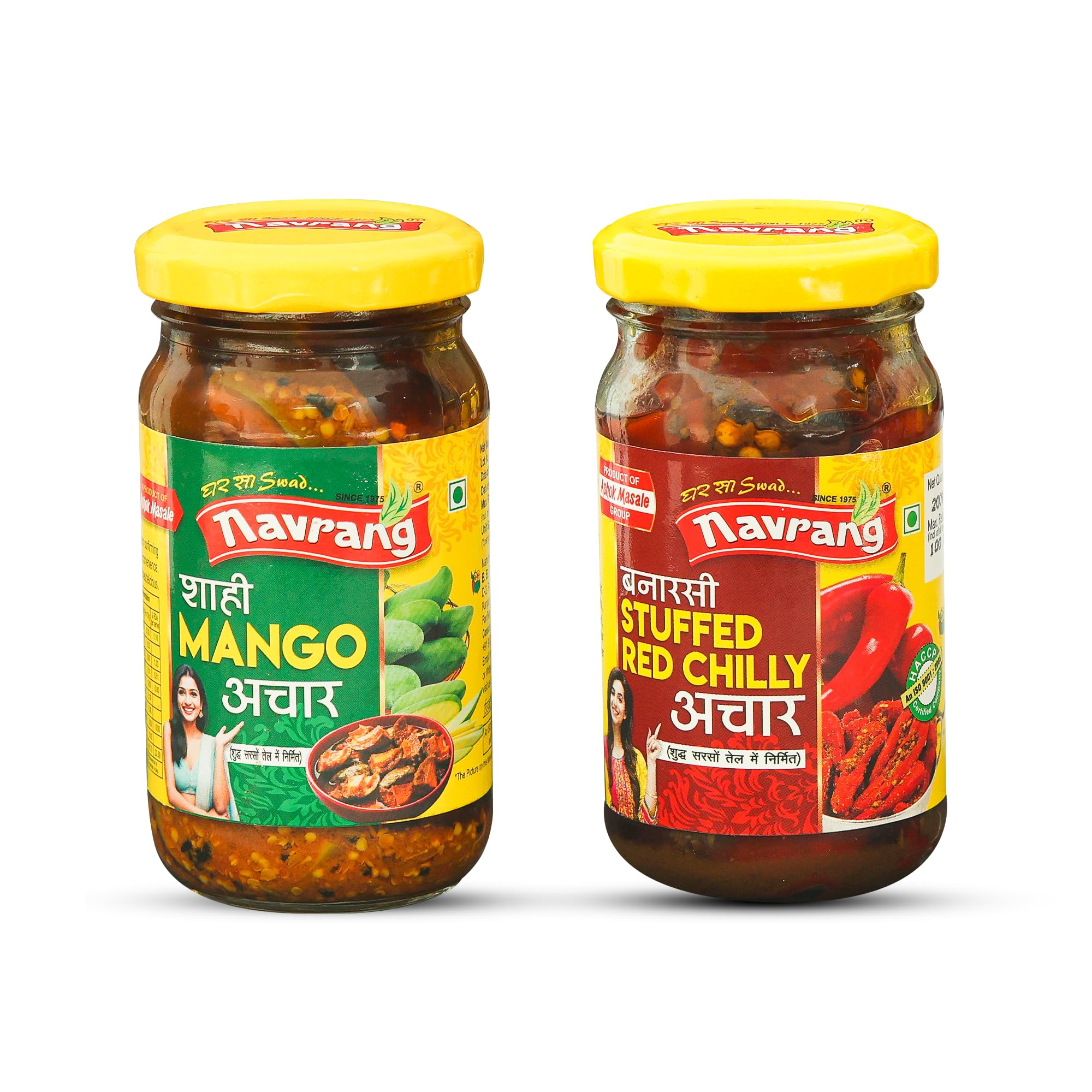 Navrang Homemade Combo of Shahi Mango Pickle, Aam ka Achar and Banarsi Stuffed Red Chili Pickle, lal mirch mirchi ka Bharwa Indian achar Less Oil Ghar sa Swad with Indian Taste, 200g each