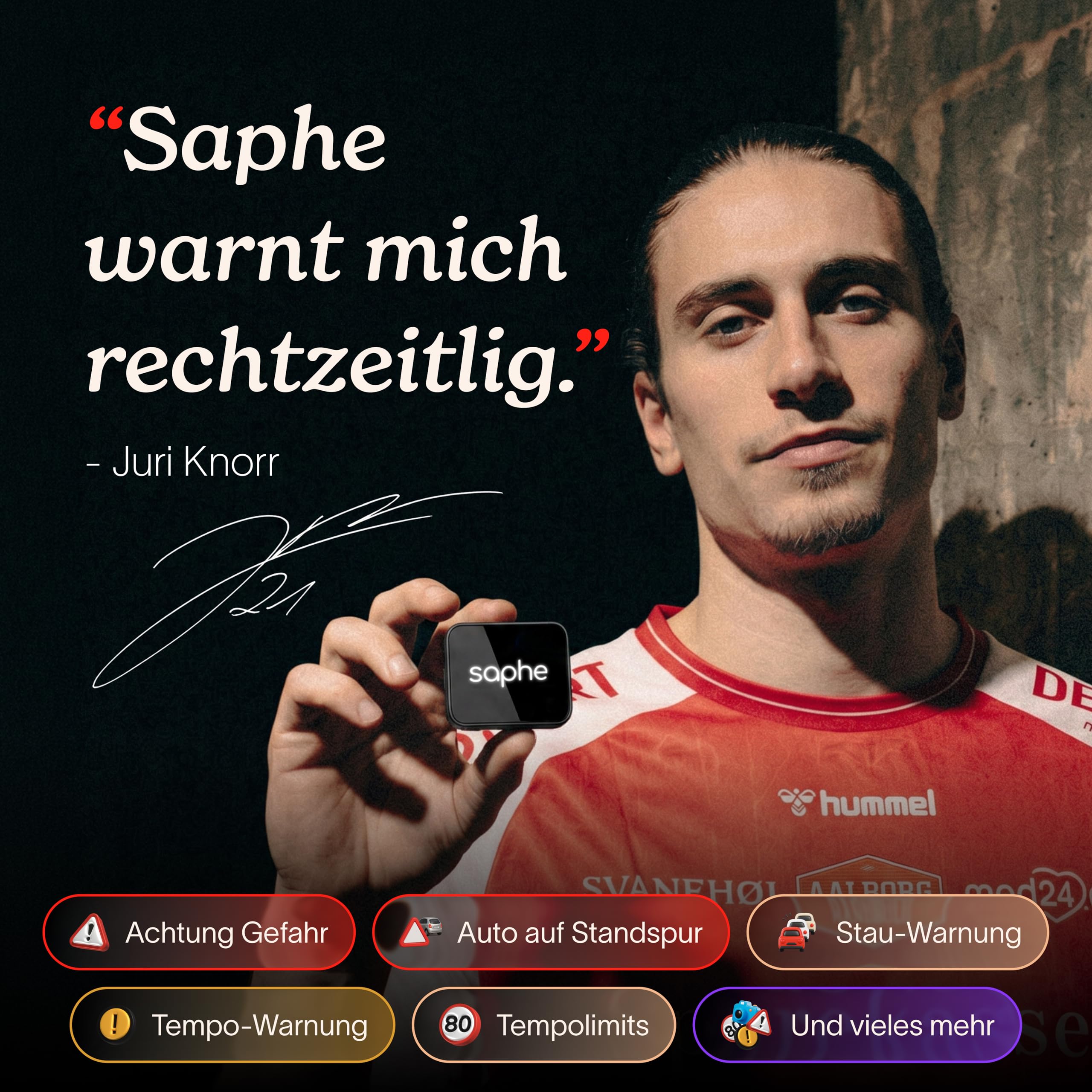 Saphe T Verkehrsassistent für Auto. Fahr sicher, Jeden Tag. Warnt vor Blitzern, Gefahren und Staus. Zeigt Tempolimits und Tempo-Warnung. Inkl. 6 Monate ABO.