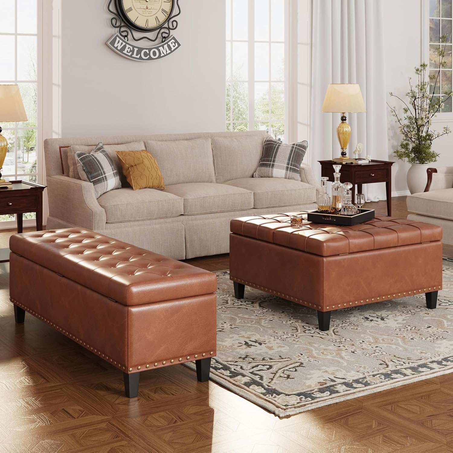 Square Leather Ottoman with Storage, Leather Coffee Table Ottoman with Lift Top, Large Upholstered Footrest Stool Toy Box Storage for Livingroom Bedroom, Brown Brown 31.5"D x 31.5"W x 17"H