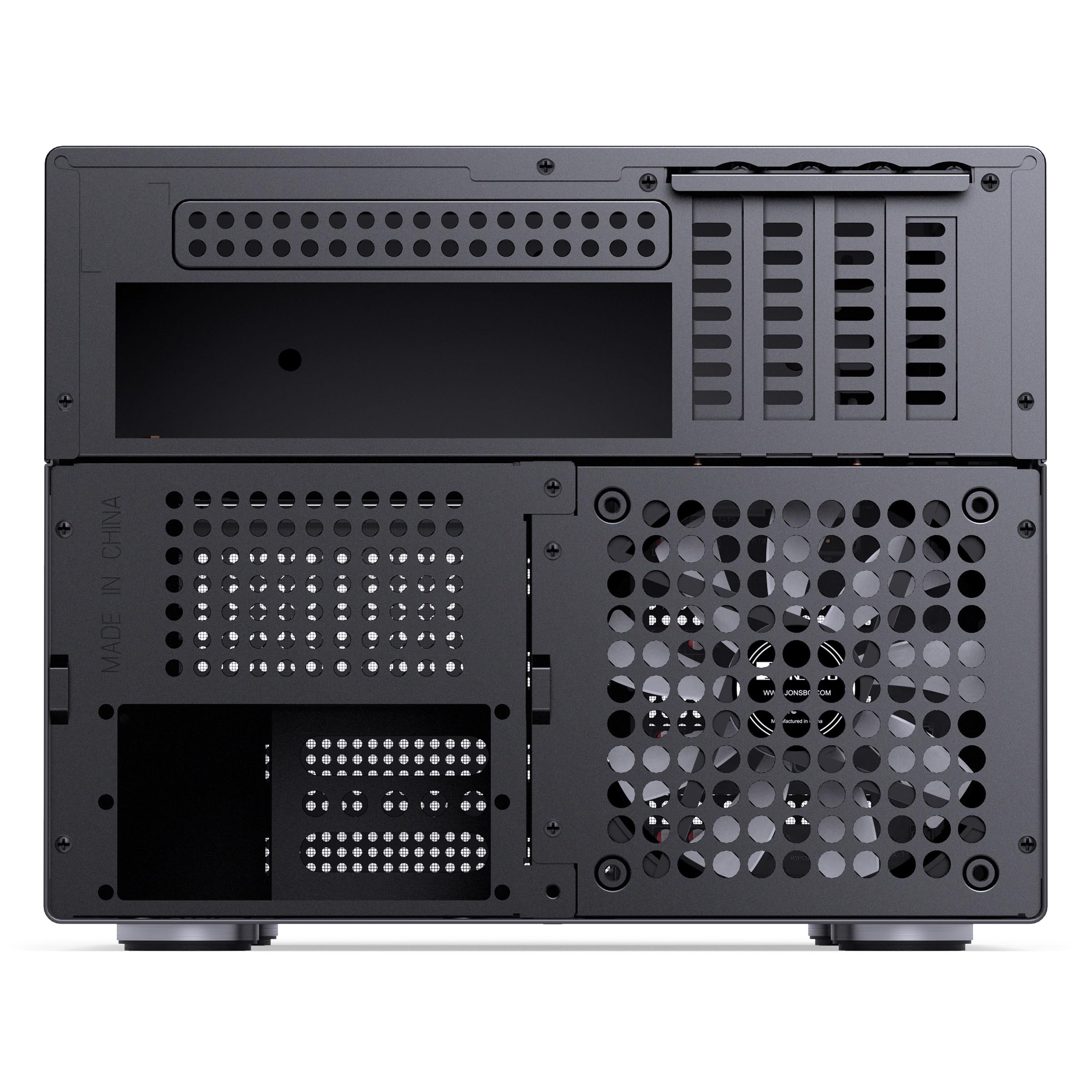 Jonsbo N4 NAS Gehäuse Schwarz – Kompaktes Micro-ATX Case für DIY-NAS, Platz für 6X 3,5" & 2X 2,5" HDDs, 4 Low-Profile-Slots, USB-C & USB-A, Holzdesign