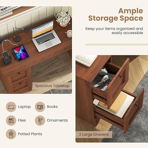 Miniatura 8 de Tangkula Computer Desk with Drawers & Charging Station, Wooden Home Office Desk PC Laptop Notebook Desk, Compact Study Desk Writing Desk, Computer