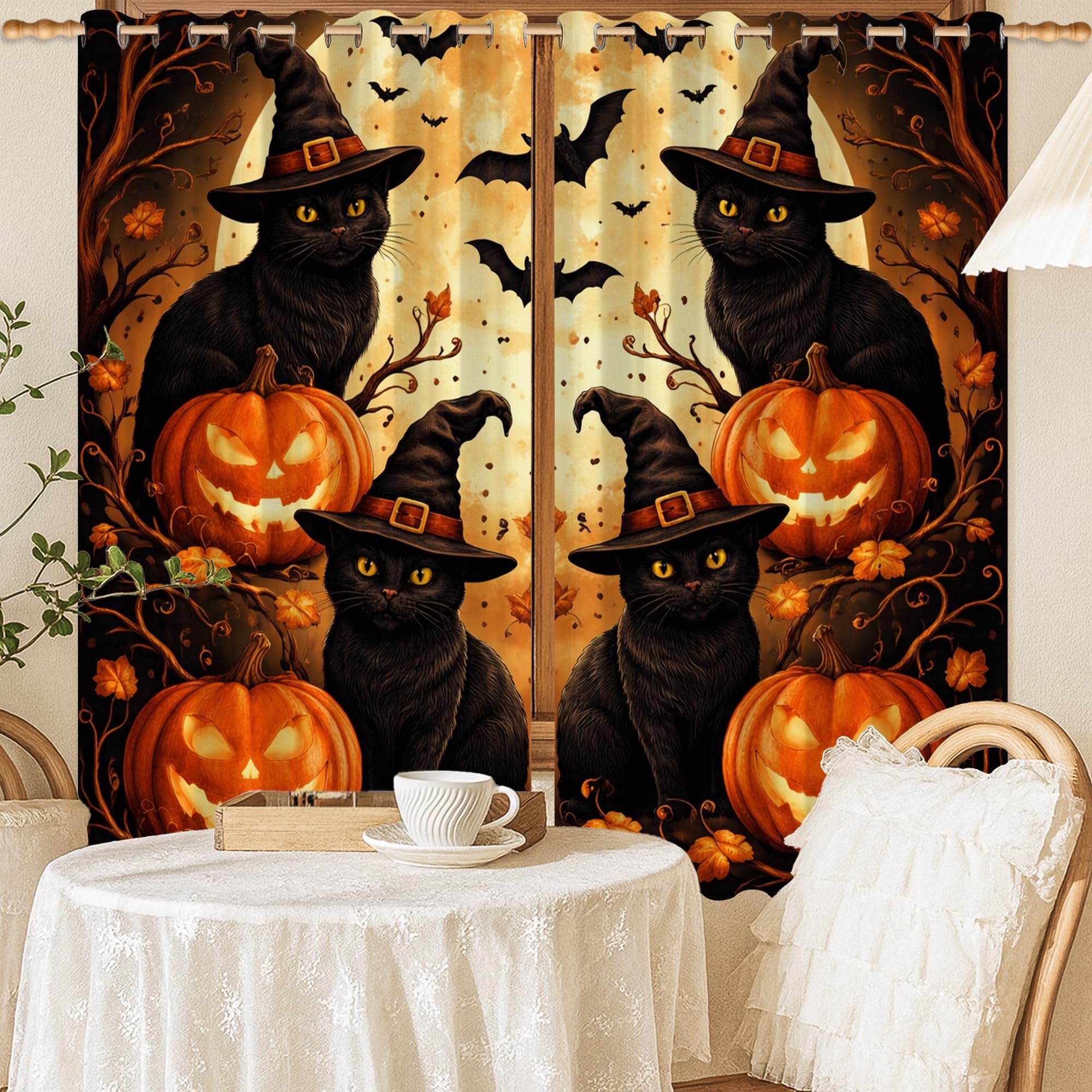 Rideaux occultants chat et citrouilles d'Halloween noir 132x137cm