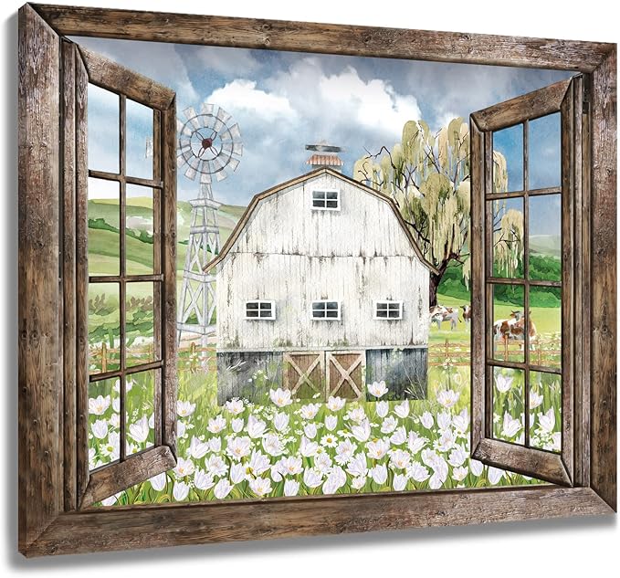 Farmhouse Barn Wall Art Country Vintage Watercolor Floral