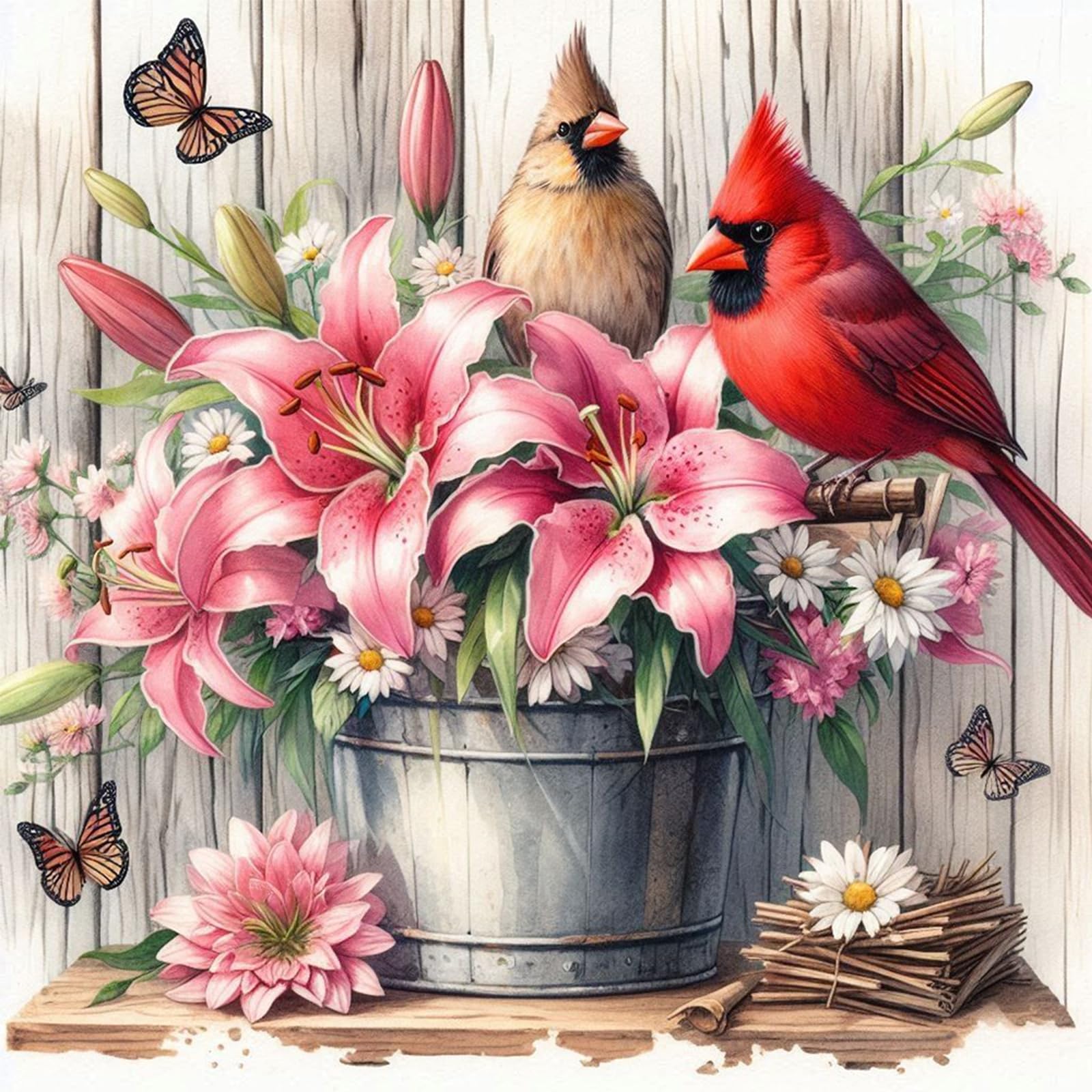 Poetrydraw Lilies And Redbirds Diy 5D Round Drill Diamond Art Painting Kit For Adults & Beginners, Home Wall Decor, 15.75X15.75in