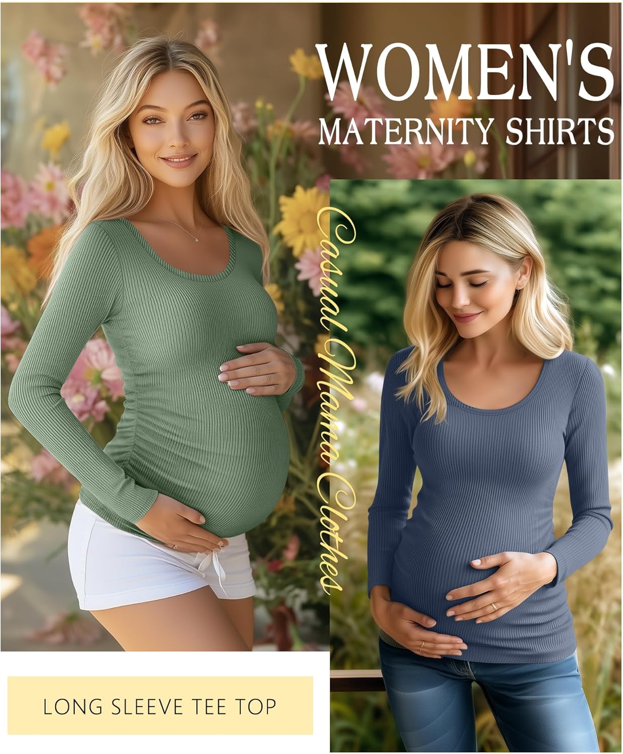 Riyiper 4 Pack Women's Maternity Shirts, Long Sleeve Cotton Ribbed Pregnancy Tee Top Crewneck Side Ruched Casual Mama Clothes - Image 3