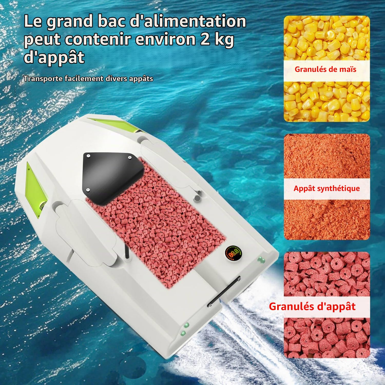 Bateau amorceur Peche Carpe, Bateau de pêche appât avec GPS, 2 Batteries, éclairage de Nuit, positionnement 100 Points, Vitesse réglable, Filet de traîne, Charge de 2 kg (Blanc)
