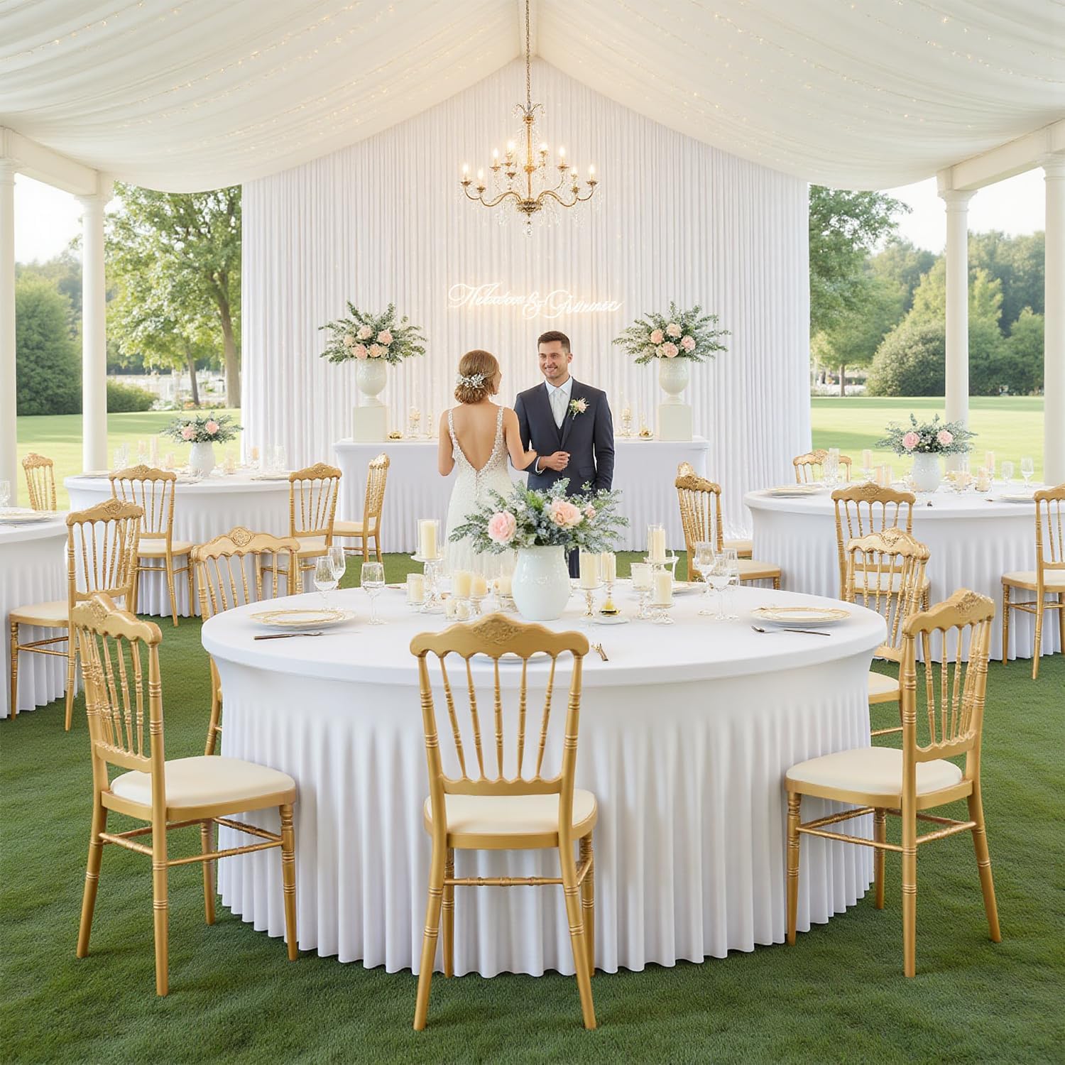 6 Pack White Round Tablecloths for 5 FT Round Tables, Stretchy Spandex Fitted Tables Cloth with Table Skirt, Wrinkle Free Table Cover Stitch Circle Tablecloth for Party Wedding Birthday Outdoor Events
