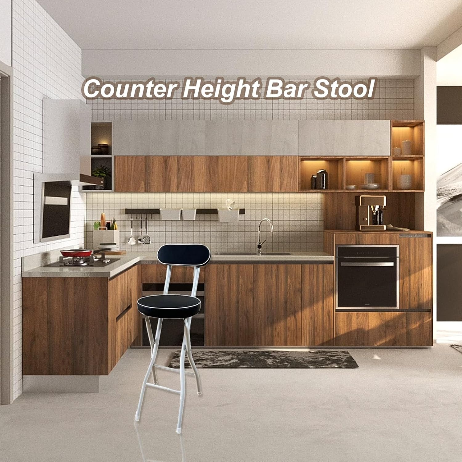 Folding Stool with Backrest, PU Padded Height Foldable Stool, Breakfast Kitchen Tall for Outdoor Camping Shop Cafe (Color : Black 2pcs, Size 55cm/22inch) (Black 1pcs 65cm/26inch)