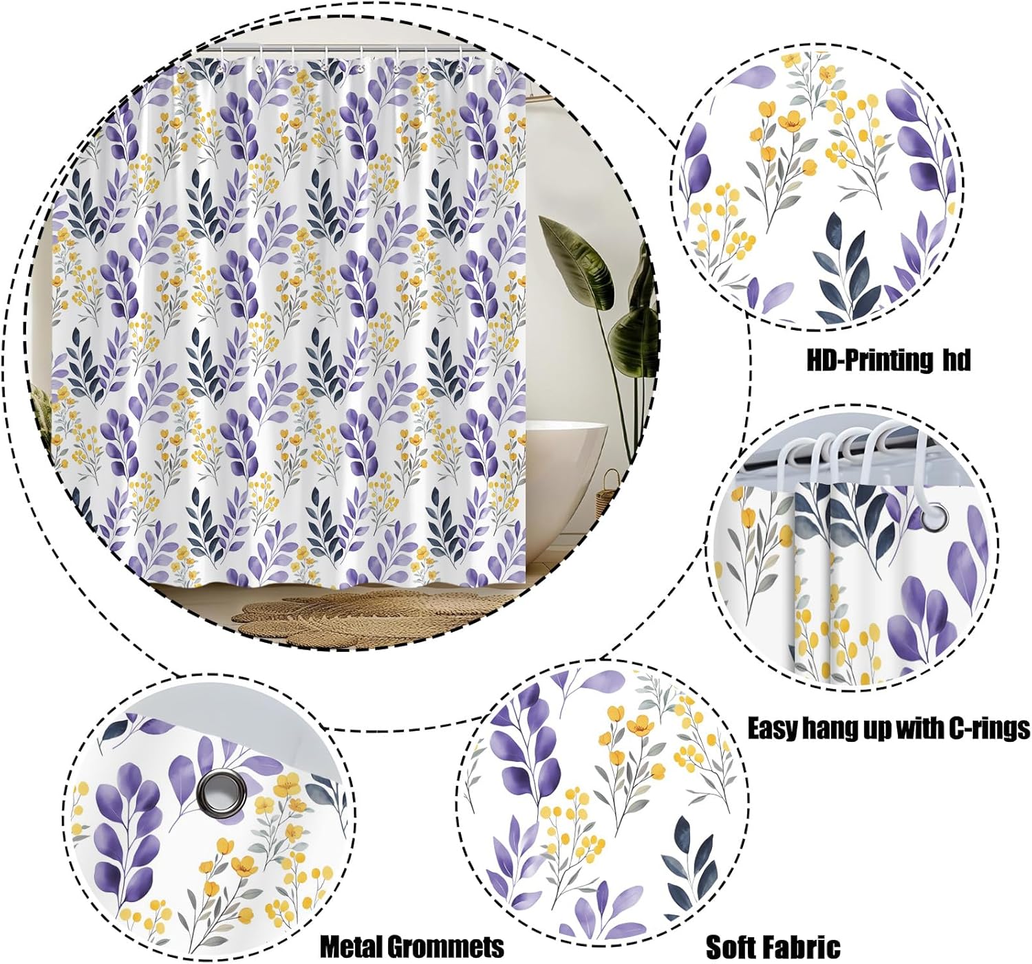 Spring Leaves Floral Shower Curtain 70" Wx96 H,Purple Yellow Watercolor Flower Rustic Farbic Bathroom Decor with Hook