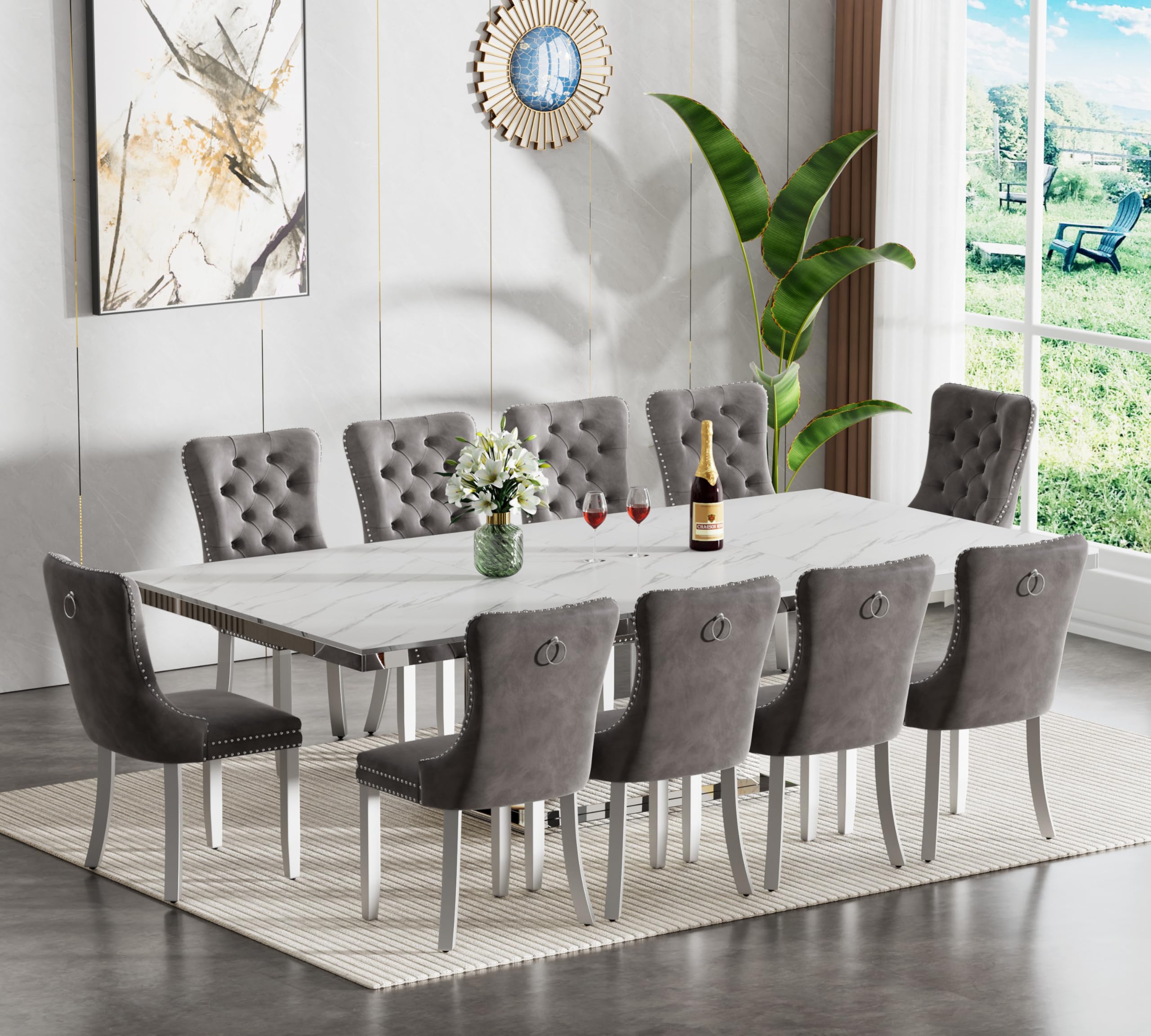 11 Pieces White Faux Marble Extendable Dining Table Set, 63"-94" Rectangular Expanding Kitchen and Dining Room Table Set for 10 with Mirrored Acrylic Base &amp; Grey Velvet Upholstered Chairs
