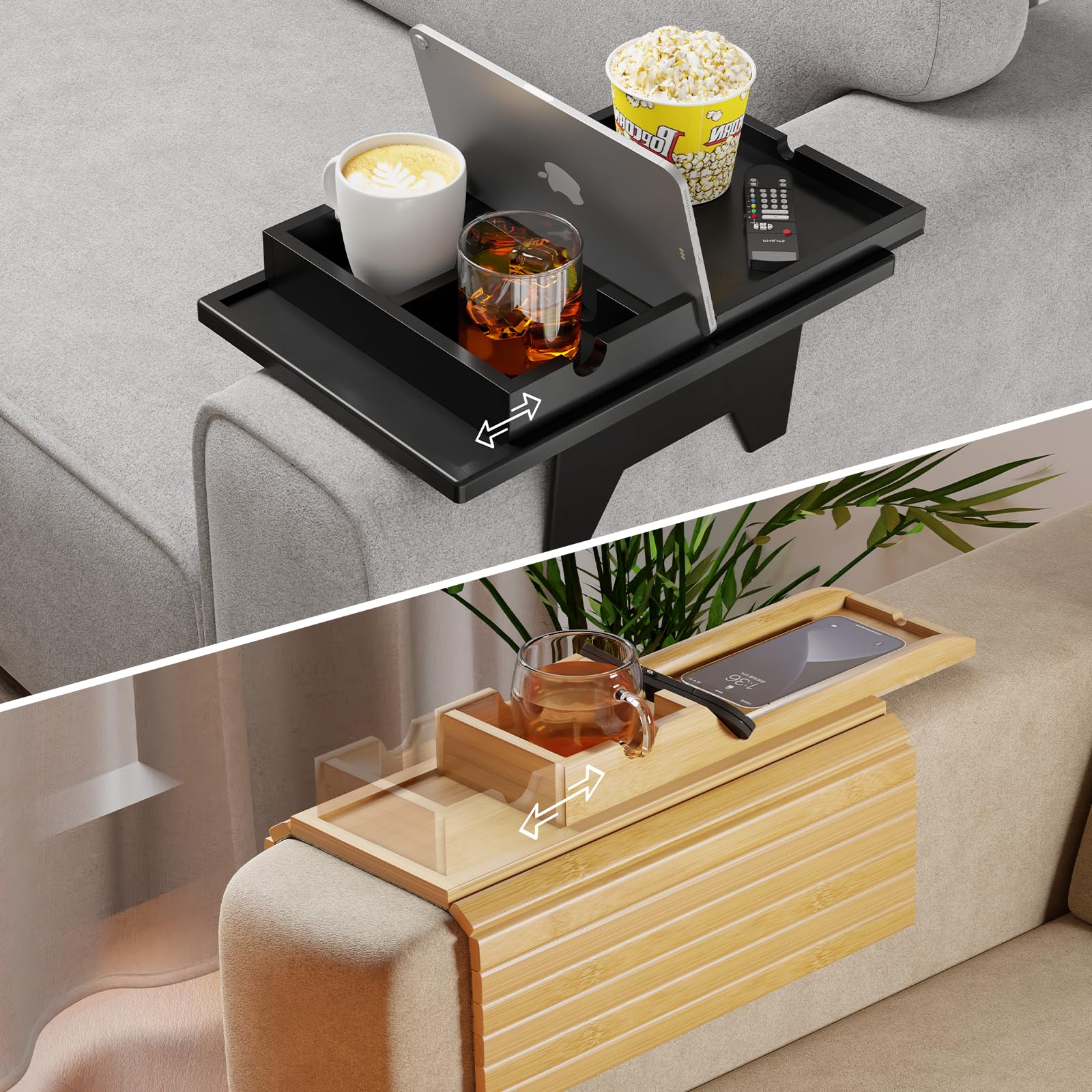 Black Clip-On Couch Arm Tray With Slide-Away Cup Holder - Sofa Side Table For Drinks, IPad, Remote