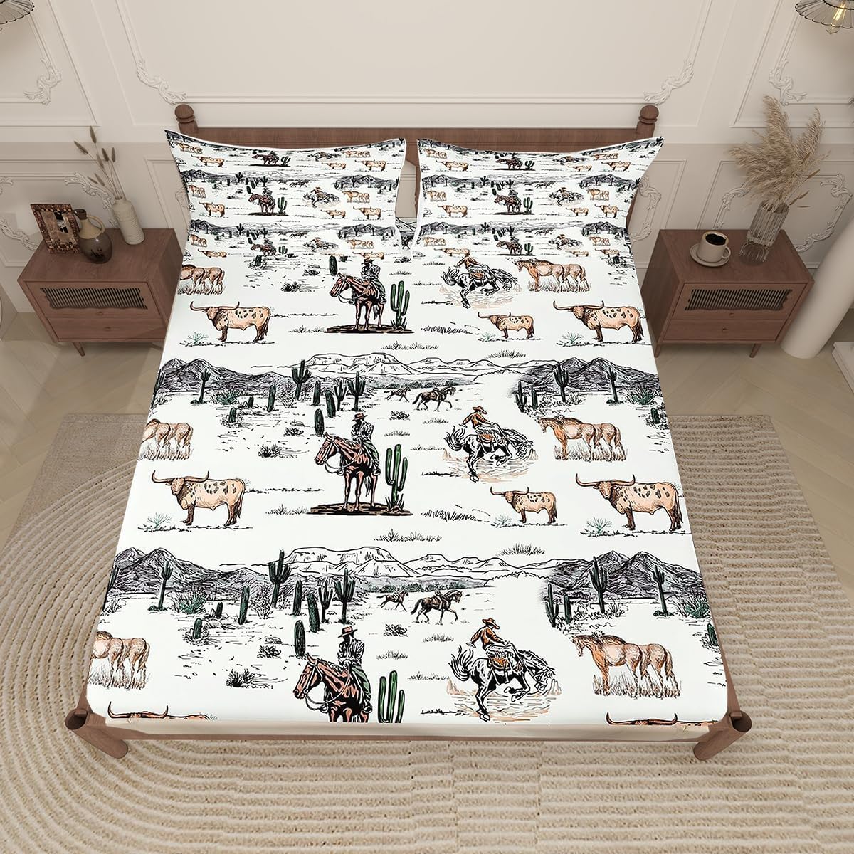 Drap-housse cactus et vache de style western avec taies d'oreiller assorties