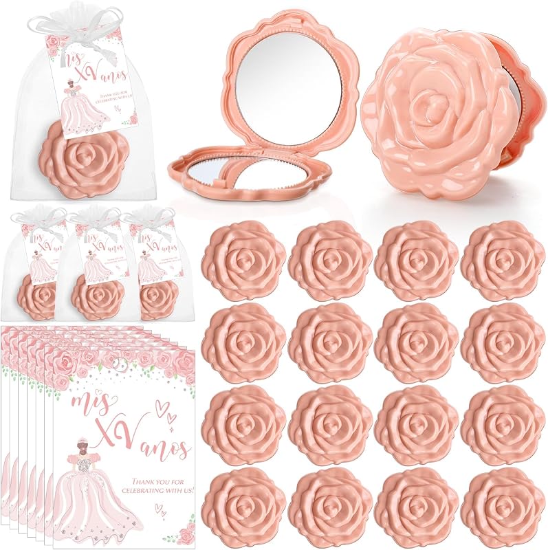 Pacote com 30 espelhos compactos dobráveis em formato de rosa Wenqik, rosa, com cartões e sacos de organza