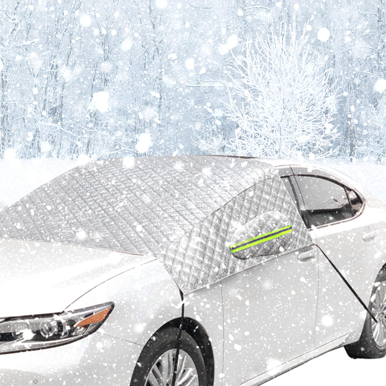 Couverture Pare Brise Voiture Hiver, Bâche Pare Brise Anti Givre avec Coques de Rétroviseurs et Bandes Réfléchissantes pour Voitures SUV (230 x 147cm)
