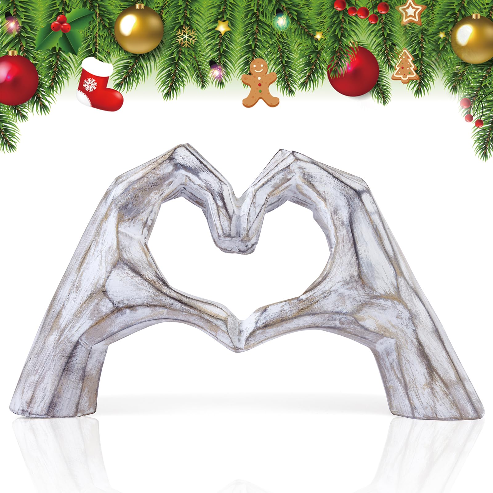 Heart Hands Statue, Resin White Red Sculpture Decor for Living Room Bedroom Bookshelf Coffe Table, Gifts for Women, Suitable Halloween, Christmas (Heart-Wood)