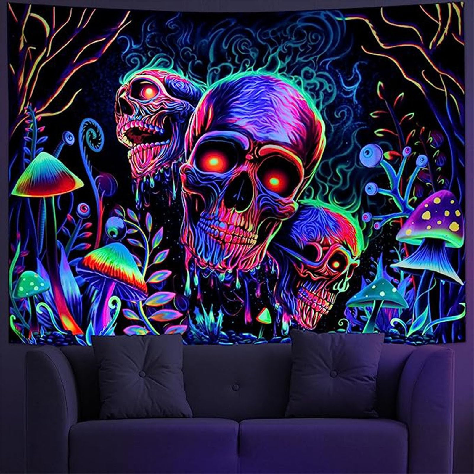 Brrnoo Arazzo Con Teschio Reattivo Ai Raggi UV, 150x130 Cm. Colori Vivaci Al Buio E Con Luce Nera, In Poliestere Leggero. Decorazione Misteriosa.