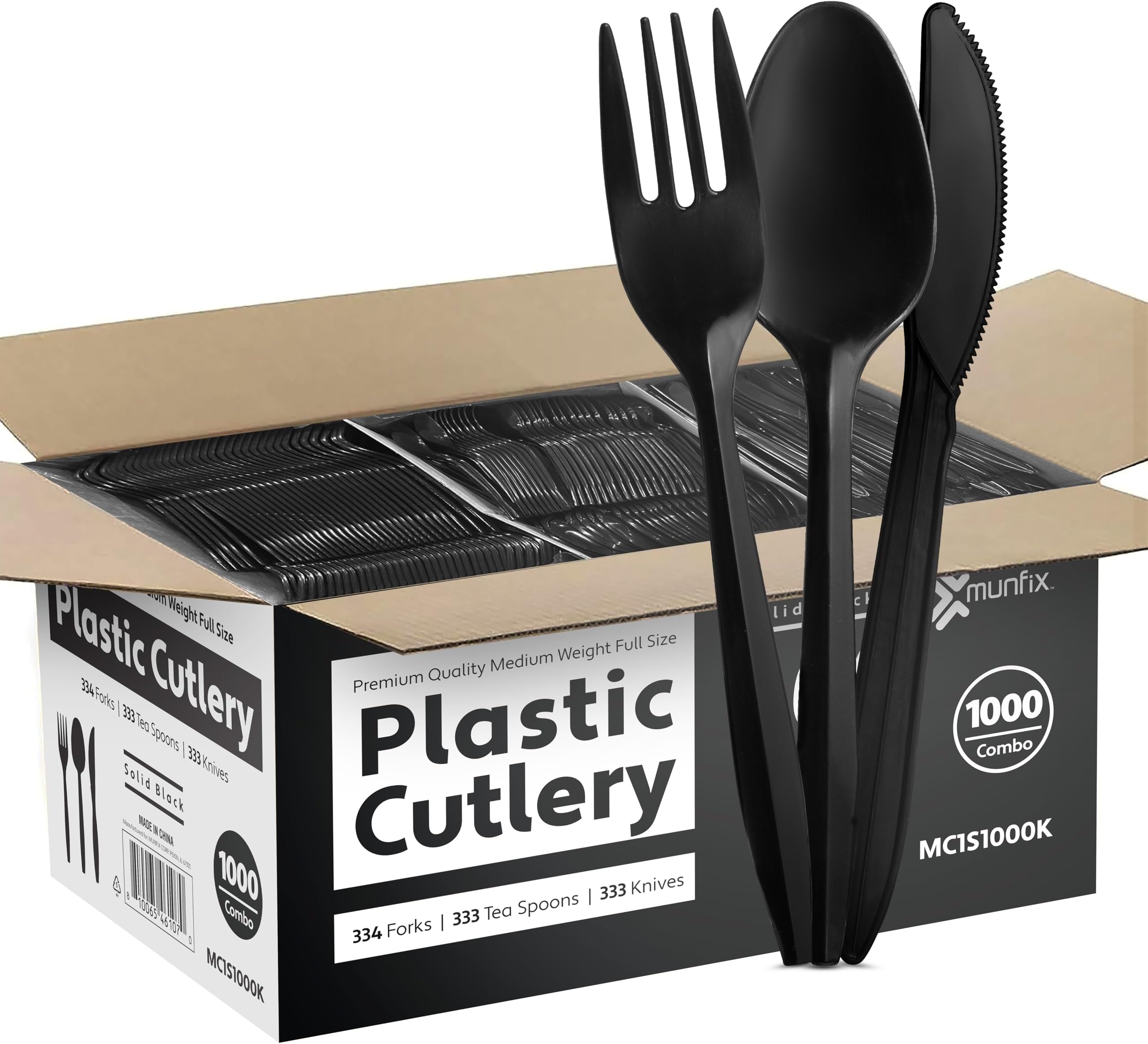 1000 Count Black Silverware Set, 334 Forks, 333 Spoons, 333 Knives, Medium Weight BPA Free Disposable Plastic Cutlery Set, Bulk Combo Pack Flatware Set for Party Supplies