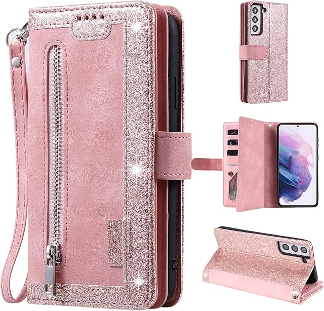 UEEBAI Wallet Case for Samsung Galaxy S21 5G, Retro 9 Card Holder Slots Zipper Pocket Handbag Case PU Leather Magnetic Closure Kickstand with Wrist Strap TPU Shockproof folio Case - Rose Gold