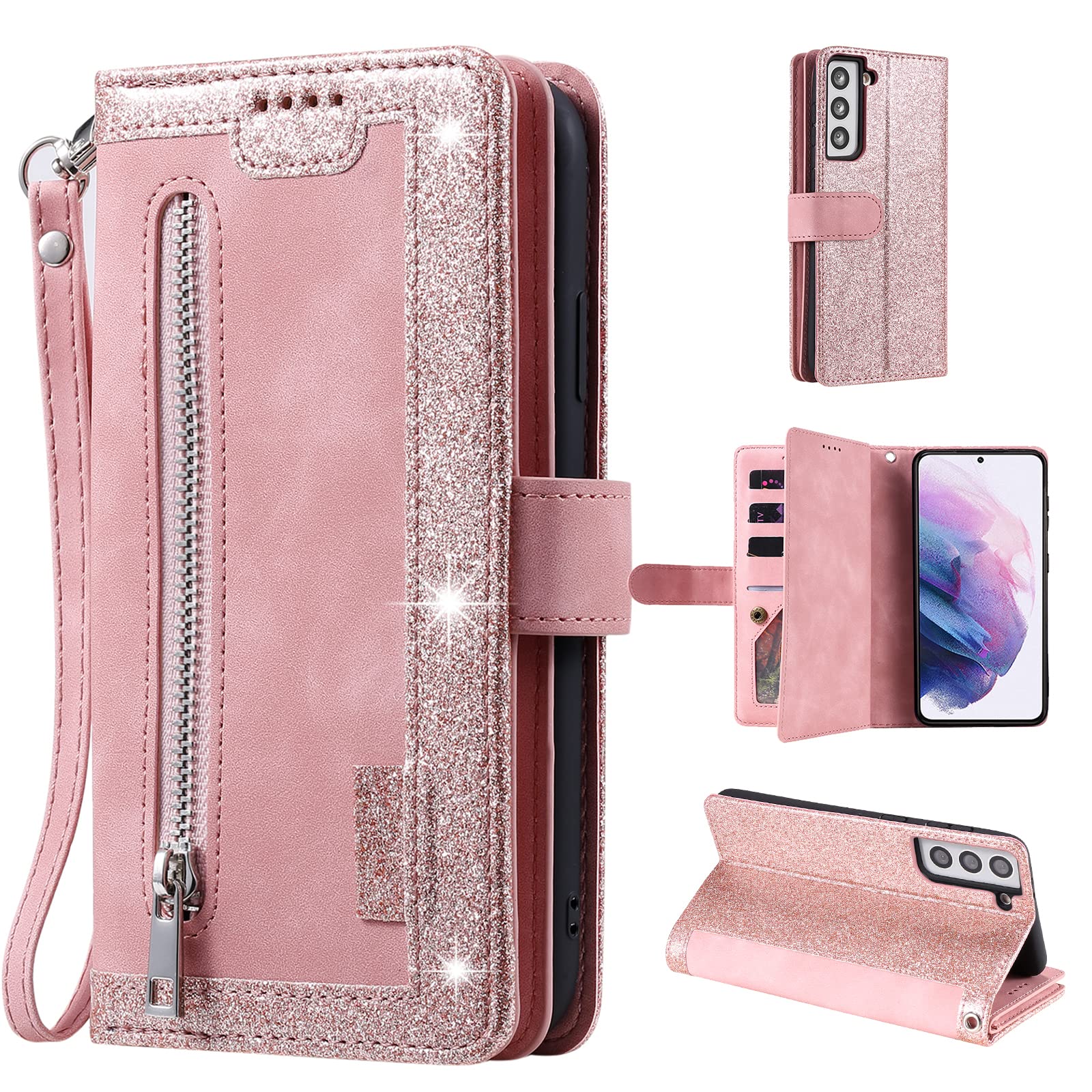 UEEBAI Wallet Case for Samsung Galaxy S21 5G, Retro 9 Card Holder Slots Zipper Pocket PU Leather Handbag Cover Magnetic Closure Kickstand with Wrist Strap TPU Shockproof Flip Case - Rose Gold