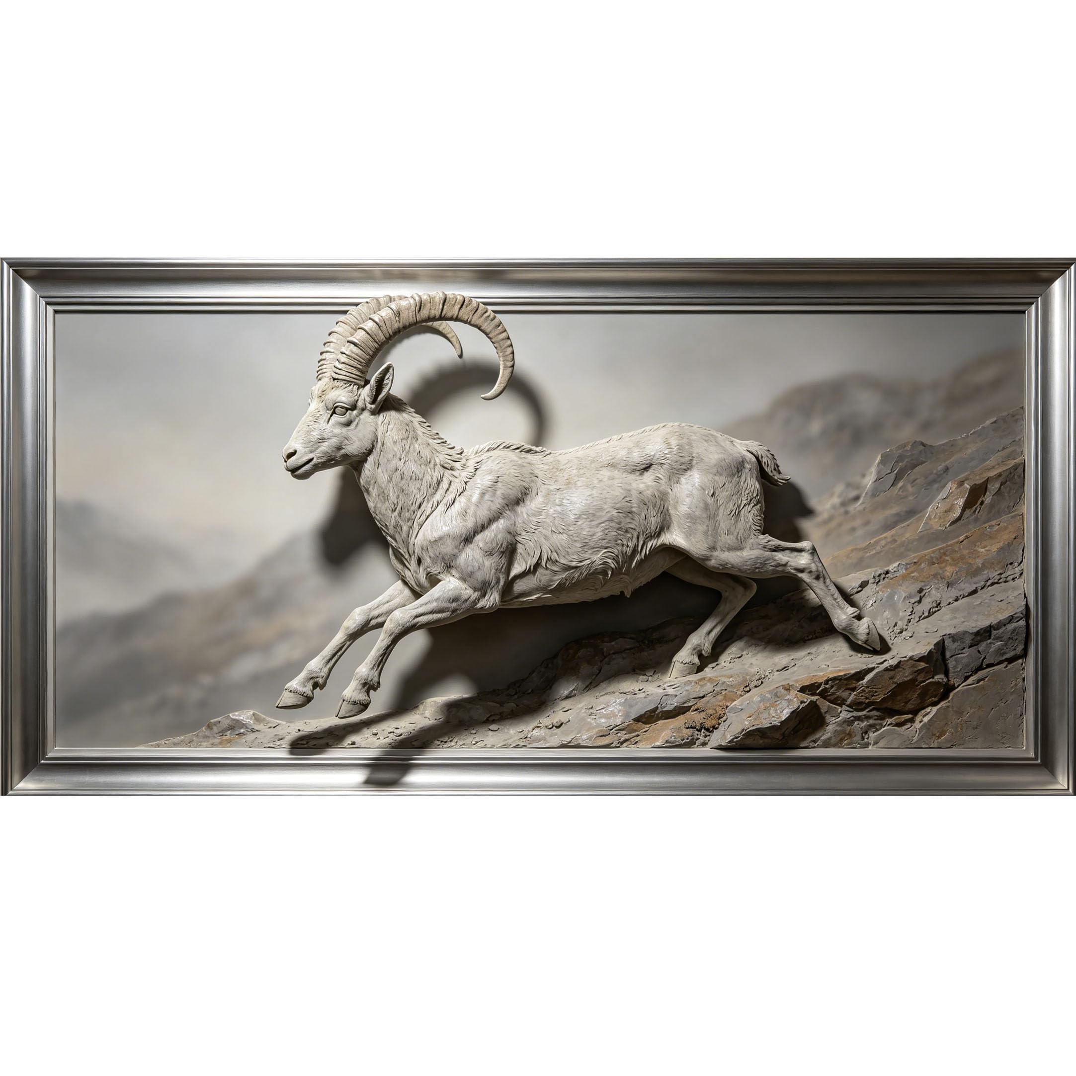 Agglomerix 3D Framed Wall Art Mountain Goat Relief Sculpture Textured Landscape Large Size Self-Adhesive Removable Wall Decor Prints Artwork for Living Room Bedroom Office