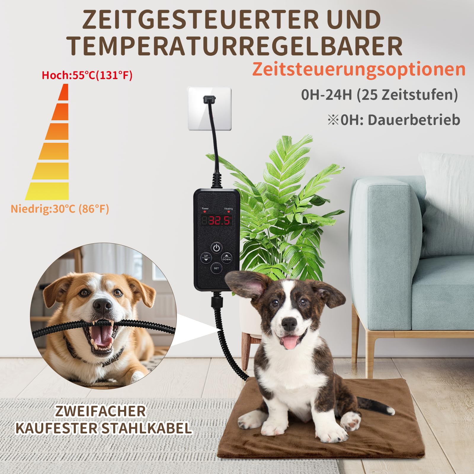 NAMOTEK Heizdecke für Haustiere - Temperatur & Timer einstellbar, wasserdichte Wärmematte mit kaufester Leitung, automatische Abschaltung für Hunde & Katzen