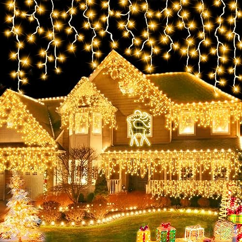 378 luces LED de Navidad de carámbanos para decoración al aire libre 295 pies 8 modos de enchufe 60 gotas guirnalda de luces de cortina de Navidad