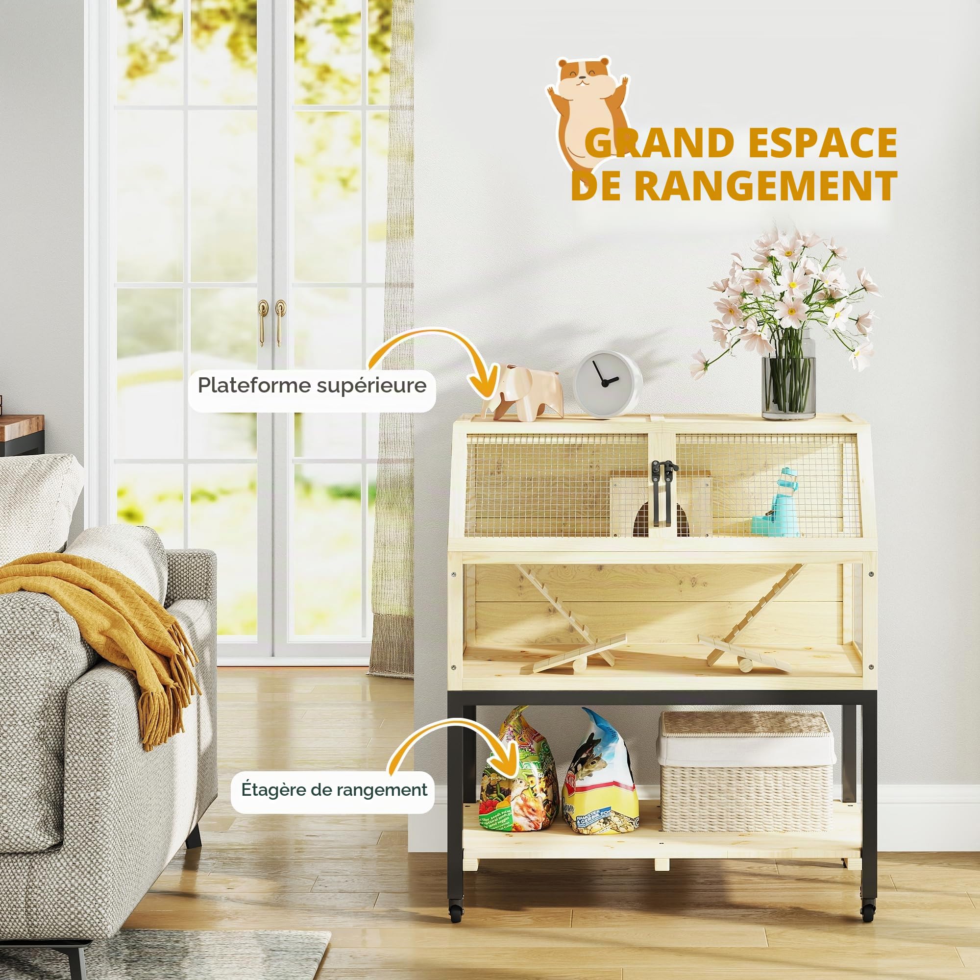 PawHut Cage Hamster Nain en Bois Naturel 87x43x101 cm | Cage pour rongeurs avec étagère, bouteille d'eau, cabane, bascules, roues, rampes