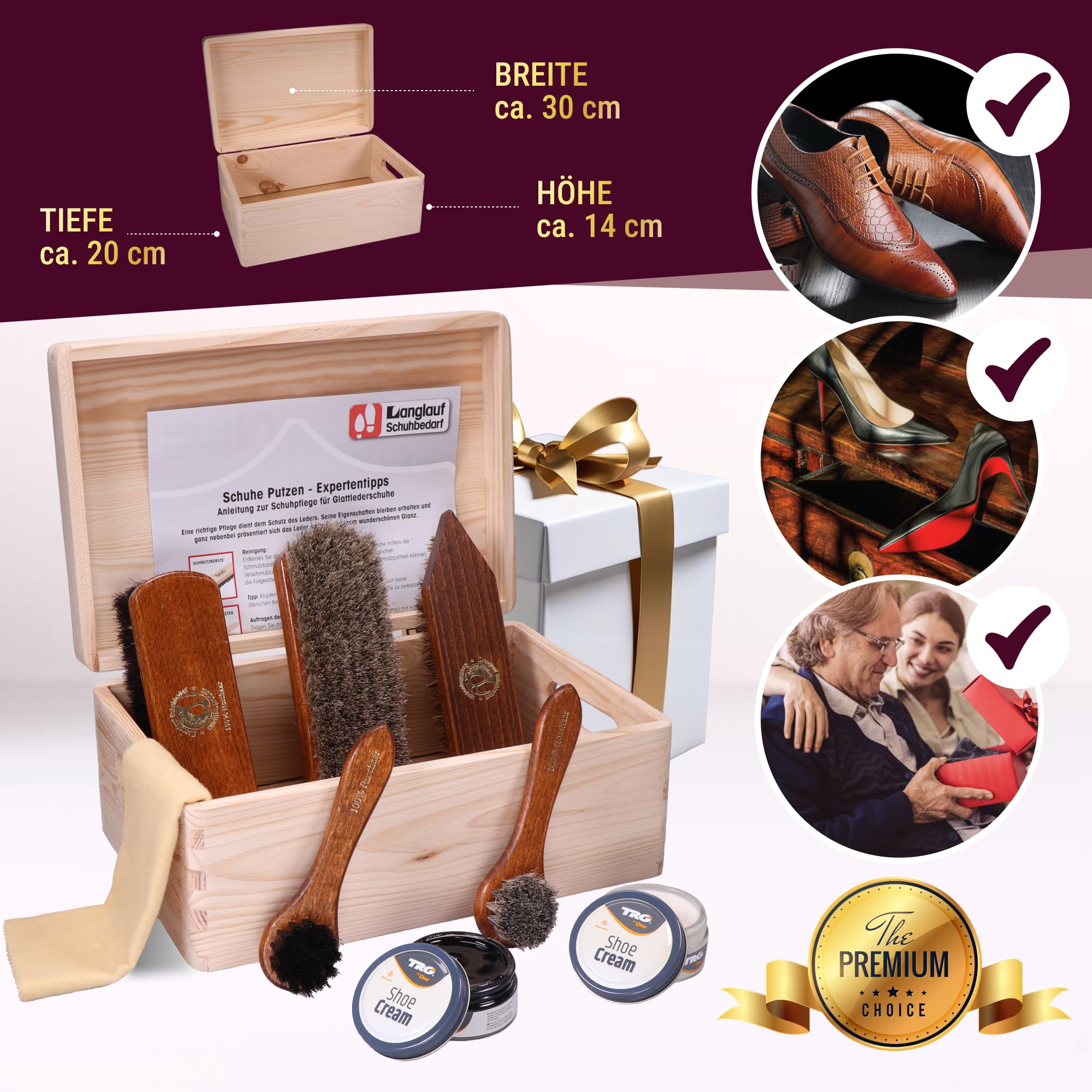 Schuhputzset Leder 9tlg Schuhputzkasten Milano I Rosshaar Schuhbürste -Tiegelbürste und extra weiche Rosshaarbürste zum polieren I Schuhbürsten Set mit Pferdehaar, Schuhpflegeset made in Germany