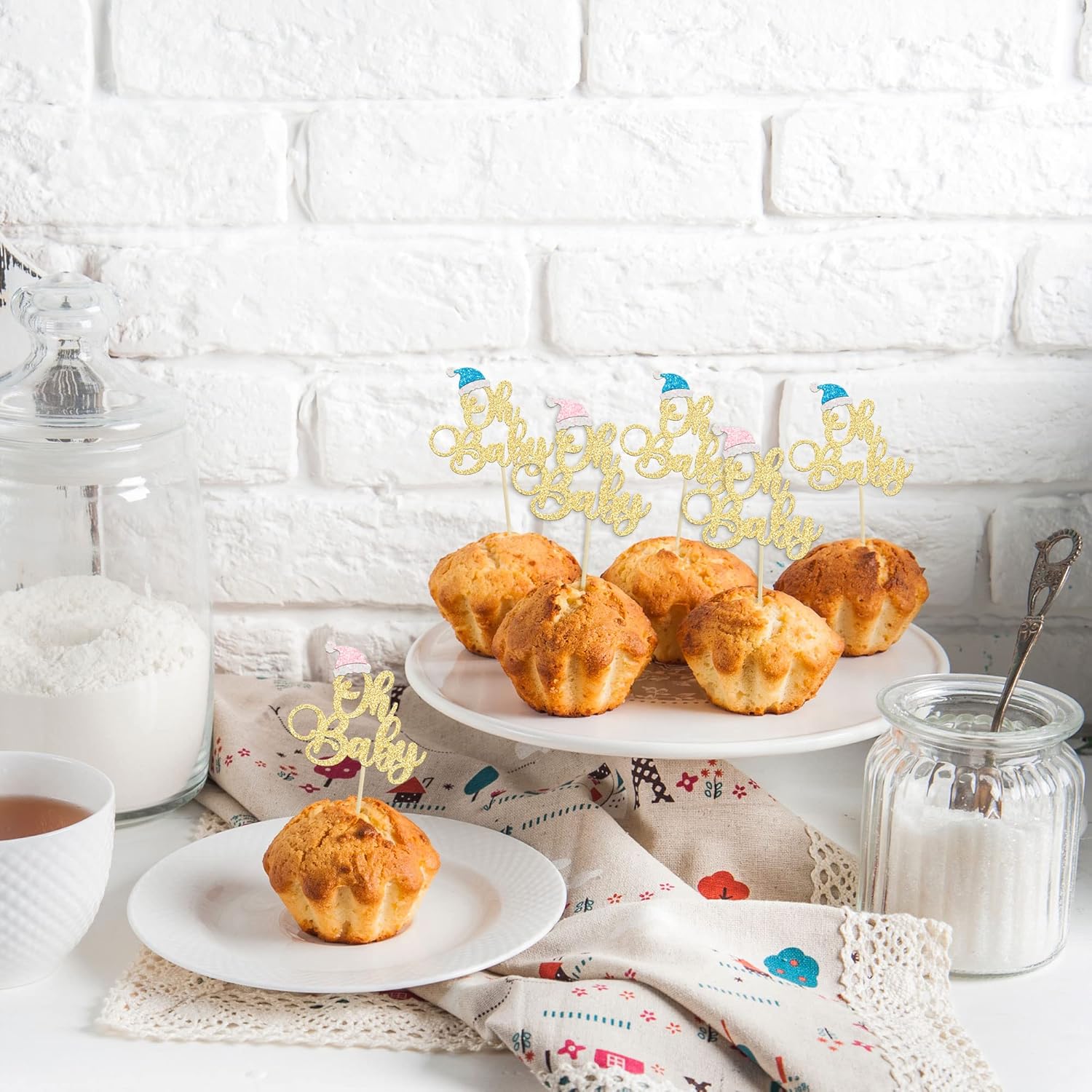 Gyufise 24Pcs Christmas Oh Baby Cupcake Toppers with Blue Pink Hat Gold Glitter Santa Cupcake Picks Decorations for Winter Christmas Theme Baby Shower Birthday Party Supplies - Image 6