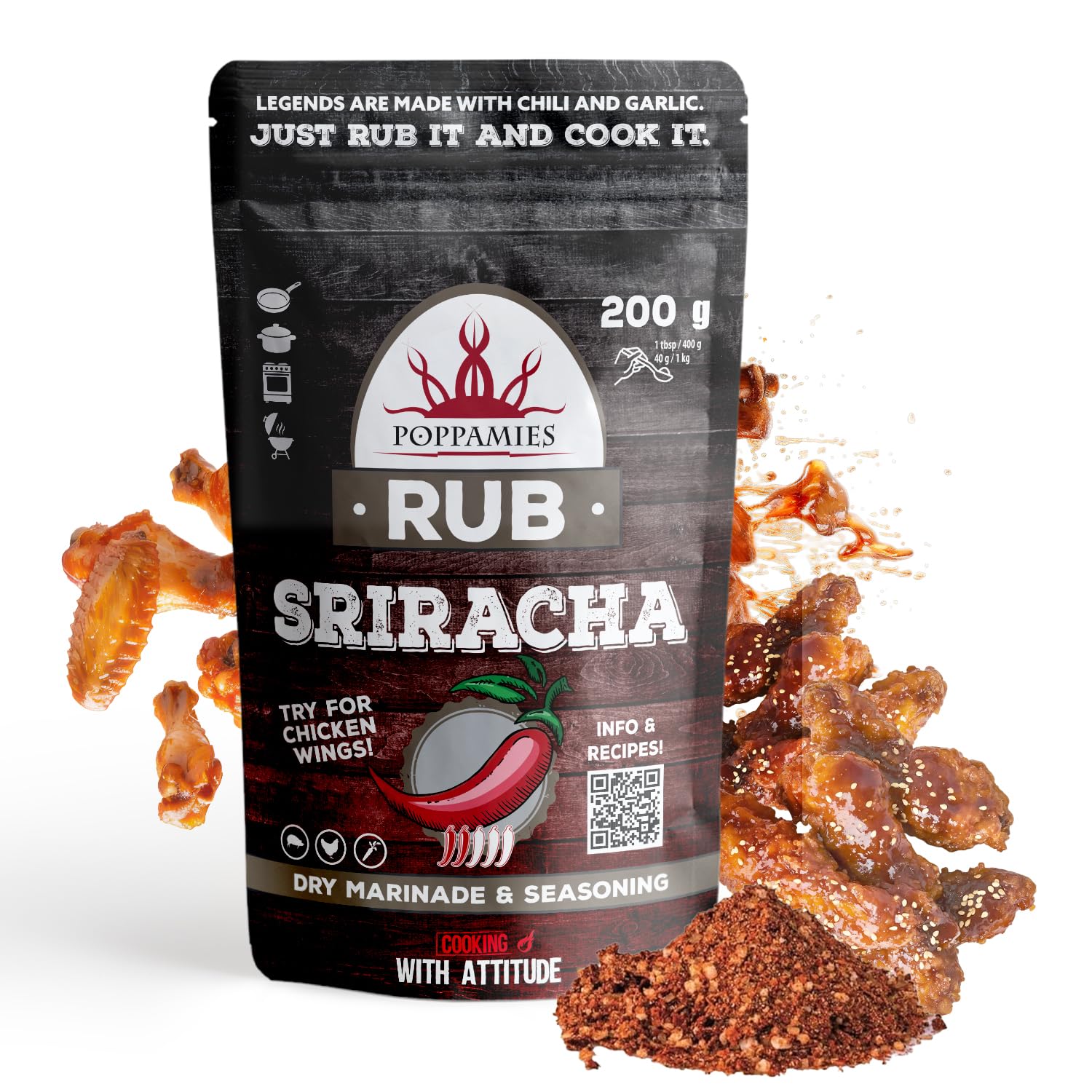 Poppamies Sriracha Rub, Dry Marinade & Seasoning Perfect for Vegies, Pork, Chicken - Great in The Grill, BBQ, Oven, Boiler and Pan - Large Pack (200g)