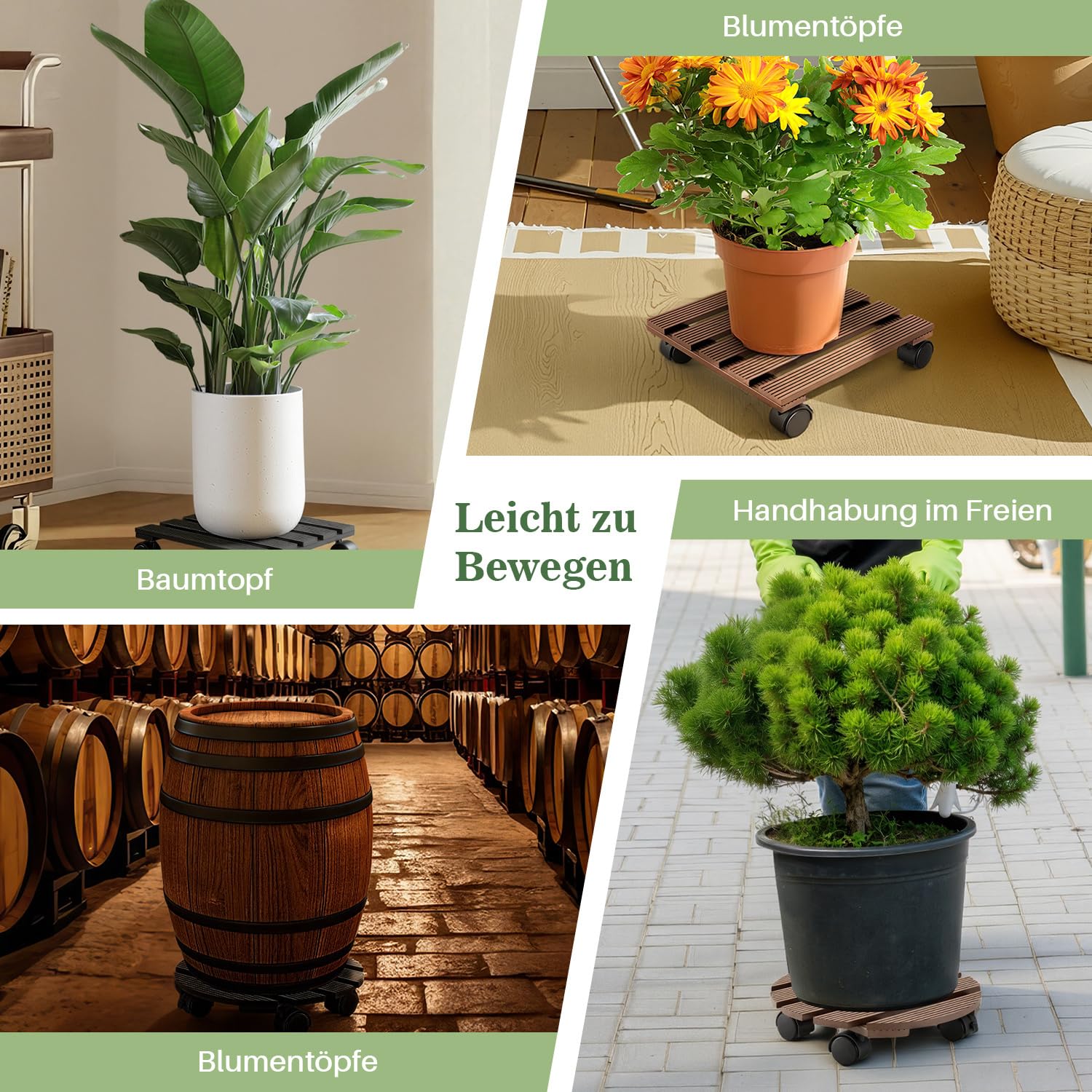 Ikodm 2 ruedas para plantas WPC rectangulares, 30 x 30 cm, con ruedas, capacidad de carga de 80 kg, para interiores y exteriores, tabla de ruedas para plantas, maceta (antracita)