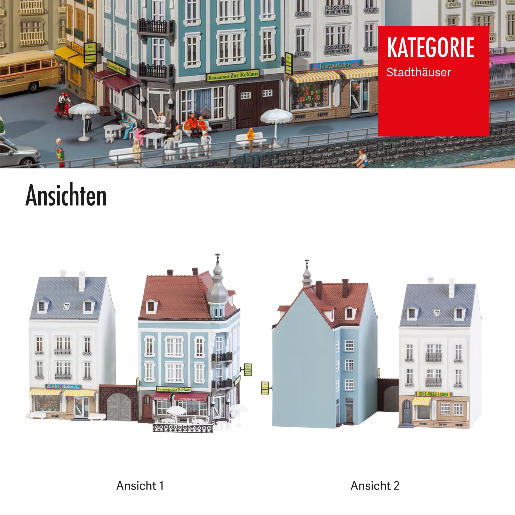 Faller 2 Stadthäuser Beethovenstraße Modellbausatz mit 582 Einzelteilen 202x118x200 mm I Modelleisenbahn Zubehör H0 I Modelleisenbahn H0 Stadthäuser