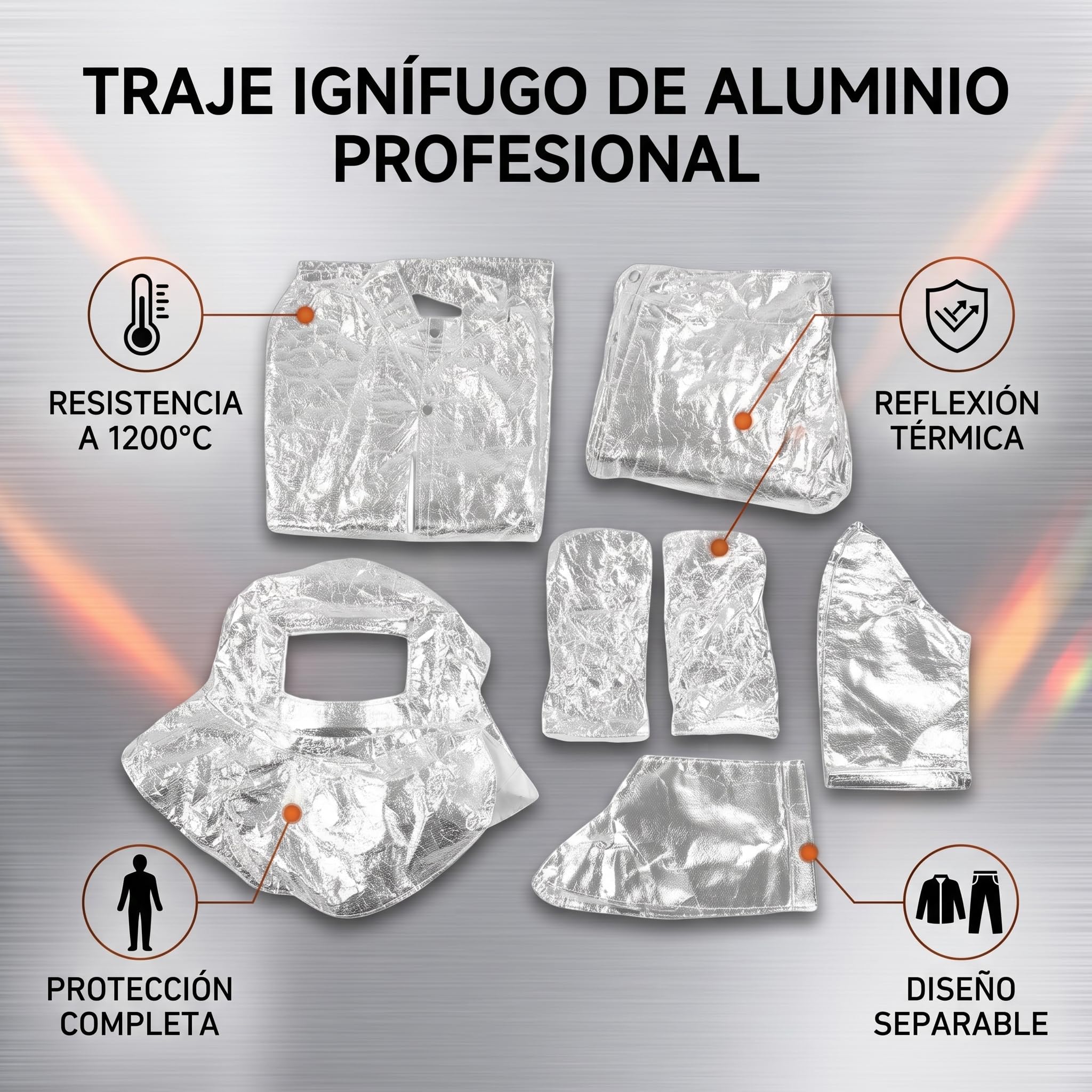 Traje con Aislamiento Térmico, Ropa Aluminizada Ignífuga a Prueba de Altas Temperaturas 1000 1200 ℃ con Casco Chaqueta Pantalones Fundas para Zapatos, para Bomberos