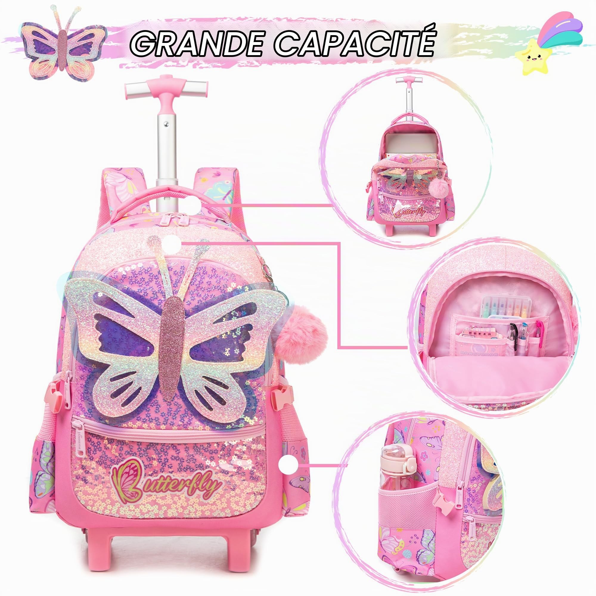 HTgroce Cartable a Roulette Fille Primaire, Cartables Scolaire Trolley Bag Sac à Dos avec roulettes Cartable Ensemble de Sac de Voyage pour L'école, Le Voyage, la randonnée.