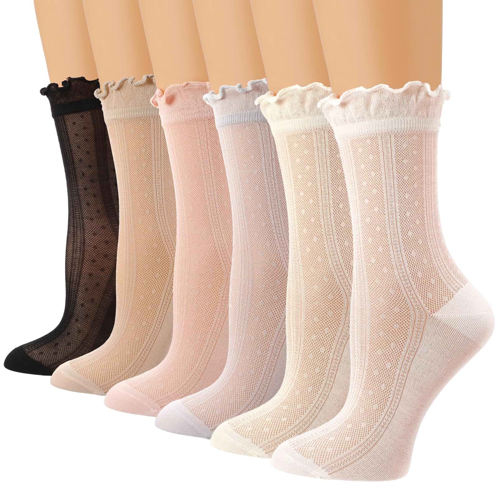 6 Pairs Sheer Socks for Women, Cute Ruffle Lace Sock, Size 5-8 Ultra-thin Mesh, Lightweight Breathable, 7.2% Mulberry Silk, Elegant Frilly Trim, Ideal for Mary Janes, Dresses & Casual Wear