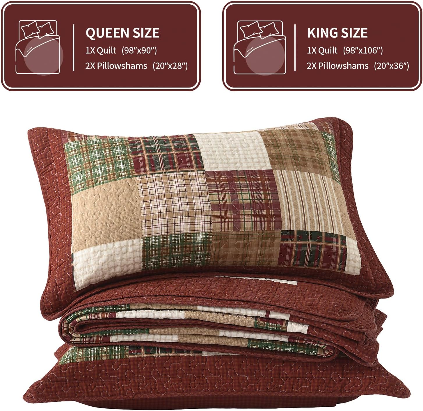 KALOOLA Plaid Queen Size Quilt Set - 100% Cotton Lightweight Farmhouse Quilted Bedspread with 2 Pillowshams, Reversible Rustic Tartan Pattern Bedding Coverlet for All Season, Red/Green/Beige, 3Pcs