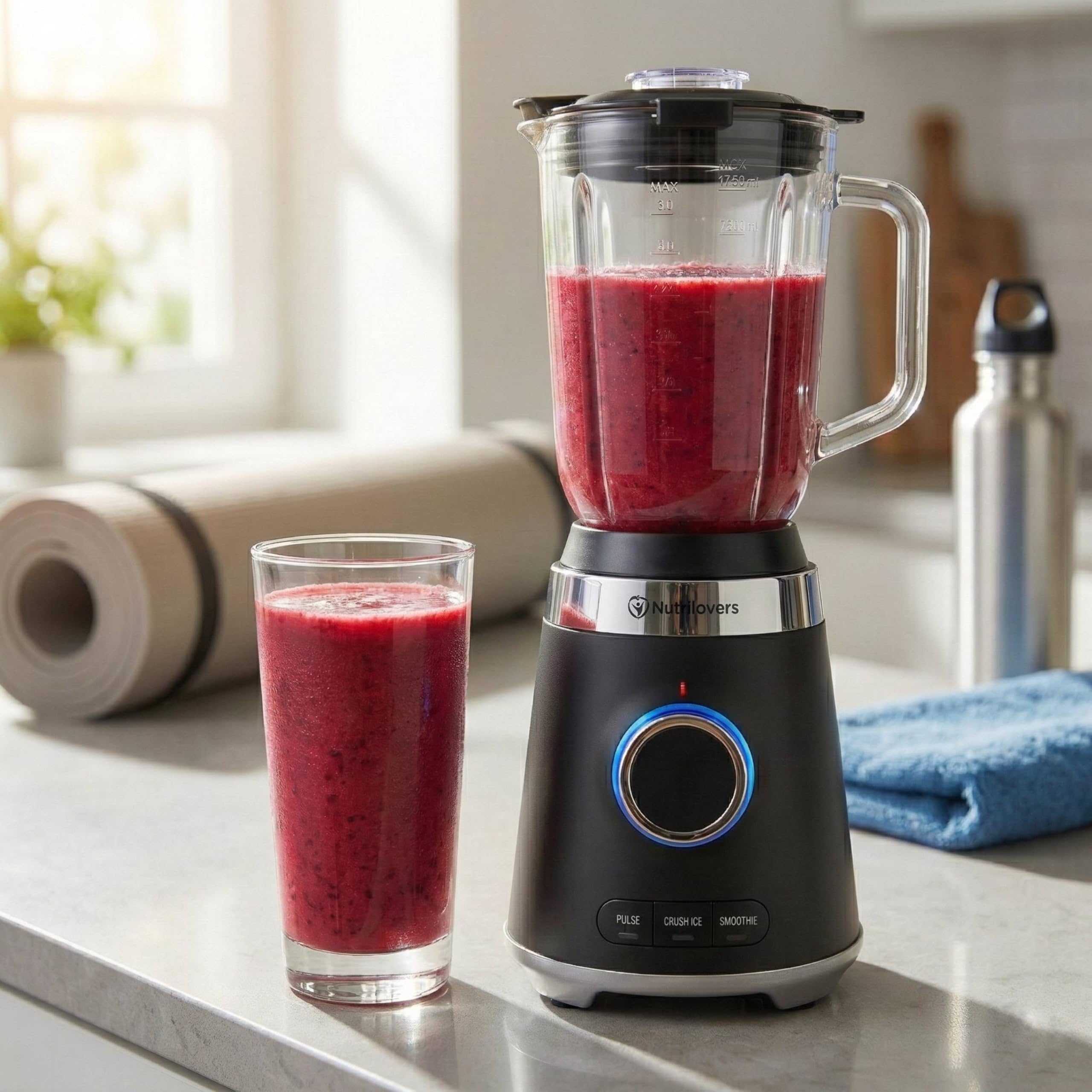 NUTRI-BLENDER GLAS mikser stojący o wysokiej wydajności, 1300 W, mikser do smoothie, profesjonalny blender, szklany pojemnik 1,75 l, obudowa ze stali nierdzewnej, 4 ostrza, nie zawiera BPA, cichy