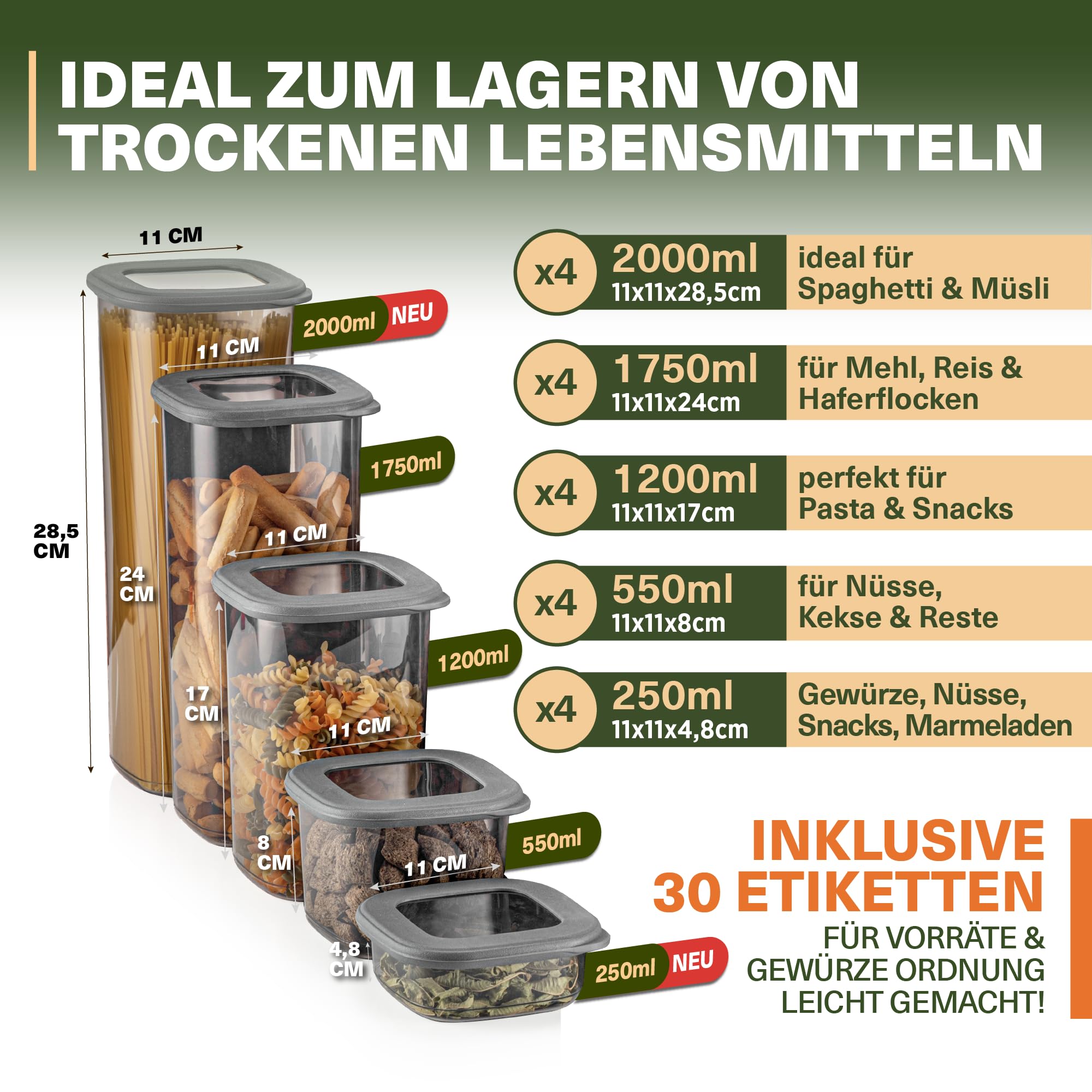 Viwares Contenitori con coperchio, ermetici, set da 25 contenitori senza BPA, per la conservazione della farina di cereali, cucina, pratico organizer da cucina, contenitori per alimenti