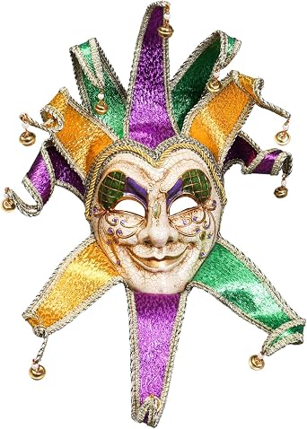 Colorful Full Face Jester Venetian Mardi Gras Costume Masquerade Mask | Vintage Renaissance Jester Cosplay Mask with Mini Bells Costume for Carnival, Festivals, Parties & Wall Decor