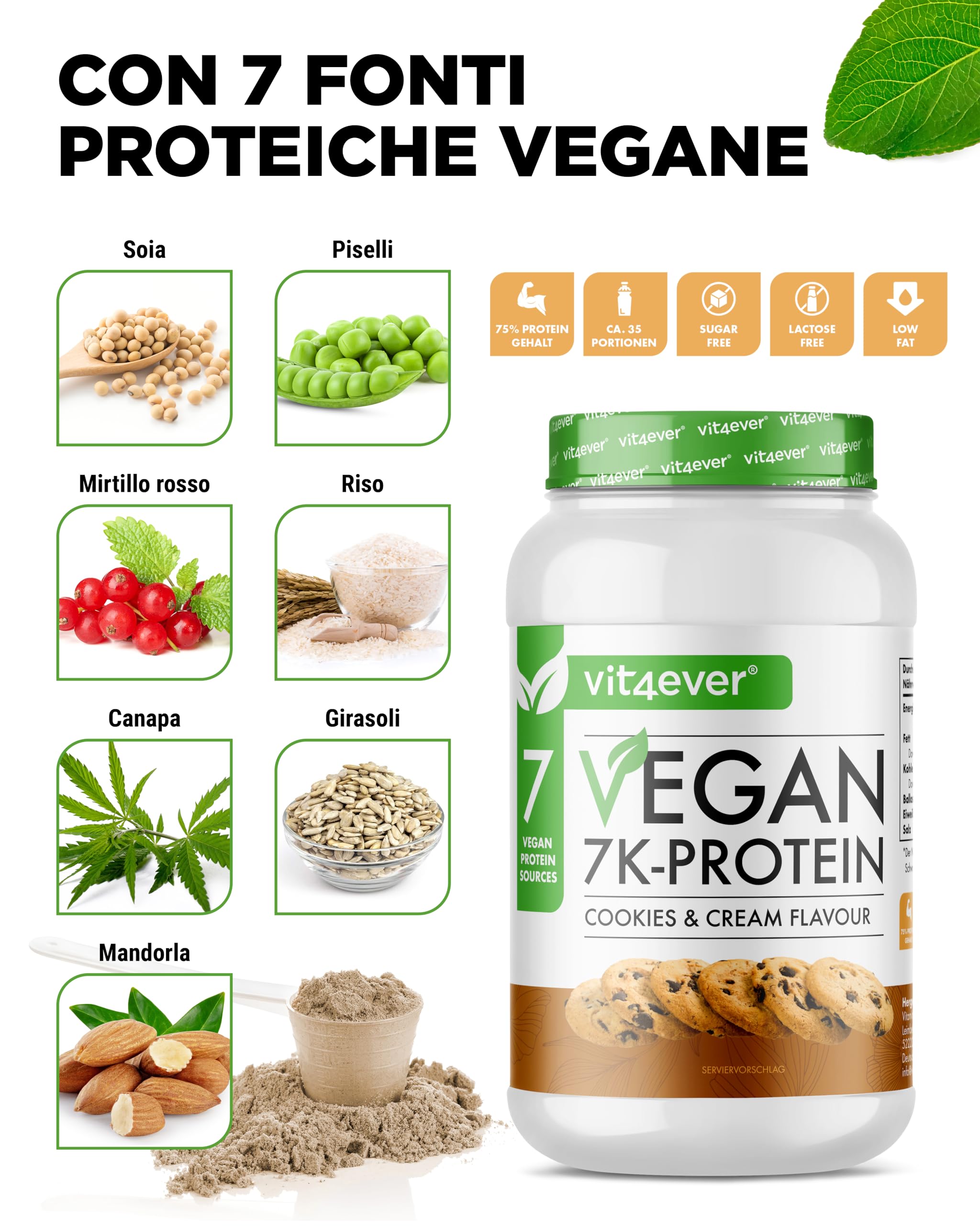 Vegan 7K Proteina – 1kg – Cookie & Cream – Polvere di proteine vegetali pura con riso, mandorle, soia, piselli, canapa, mirtillo, girasole proteina