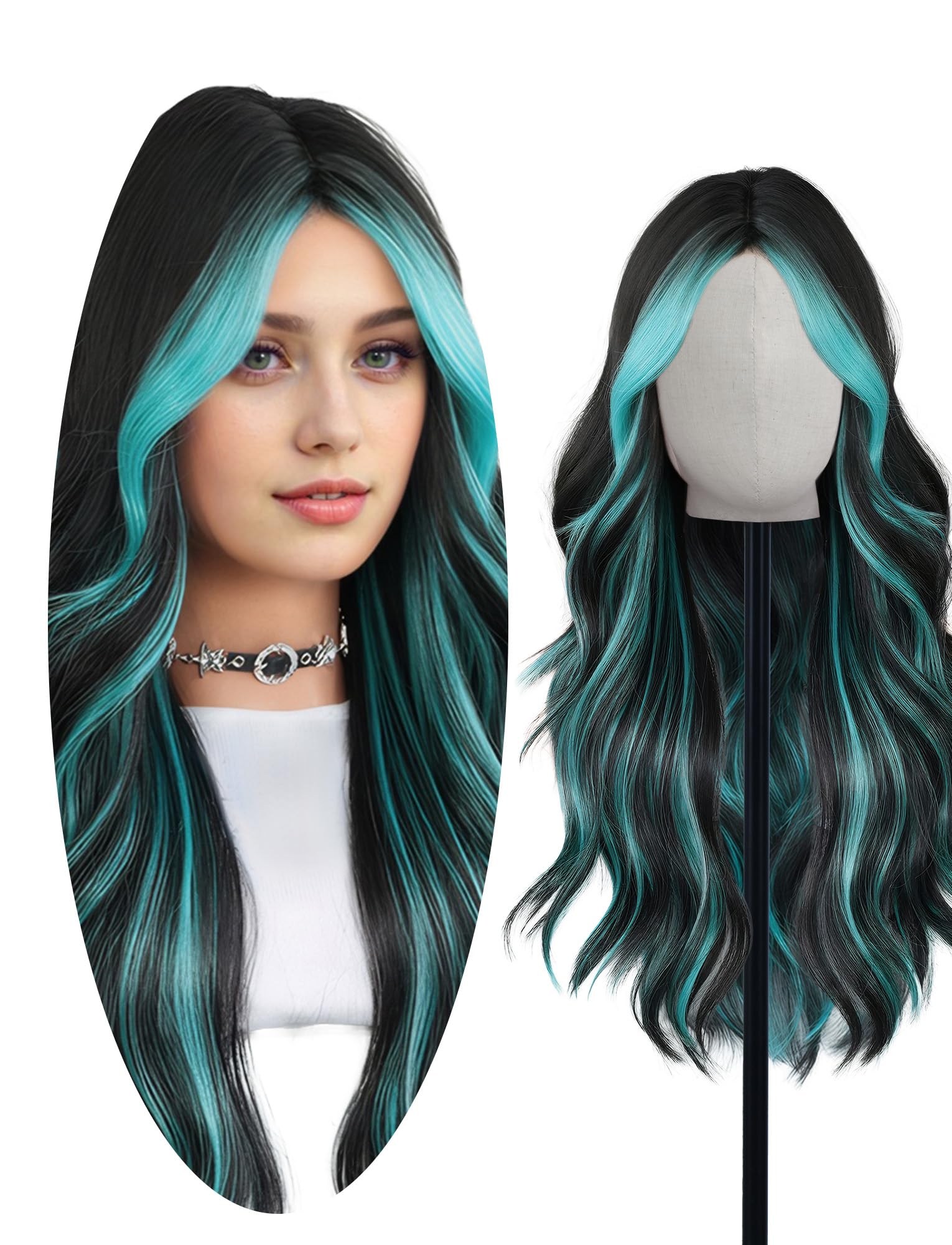 Panegy Waist Length Wig with Hairnet for Women Wavy Curly Style Synthetic Heat Resistant Wig Party Travelling Highlight Wig Blue Black