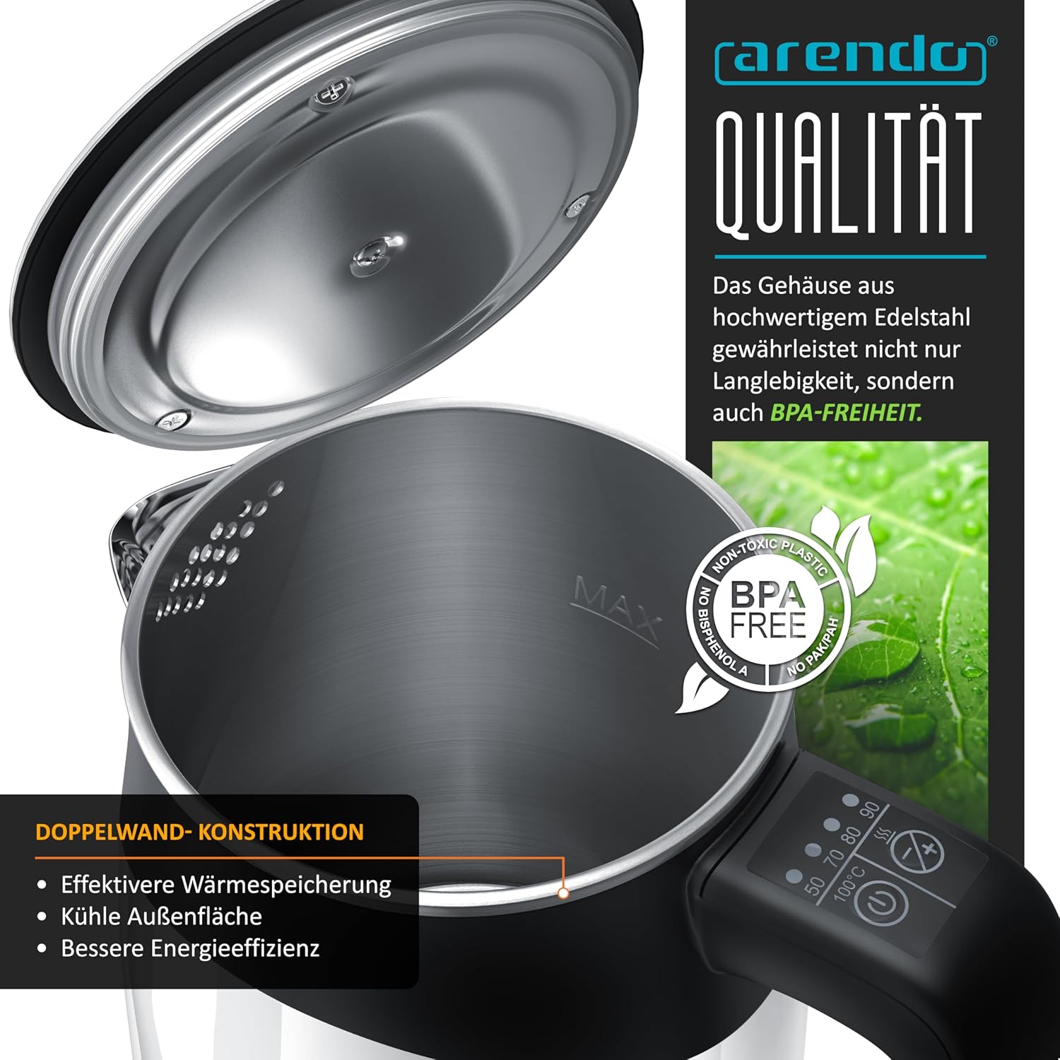 Arendo Single Kettle interior and BPA-free label