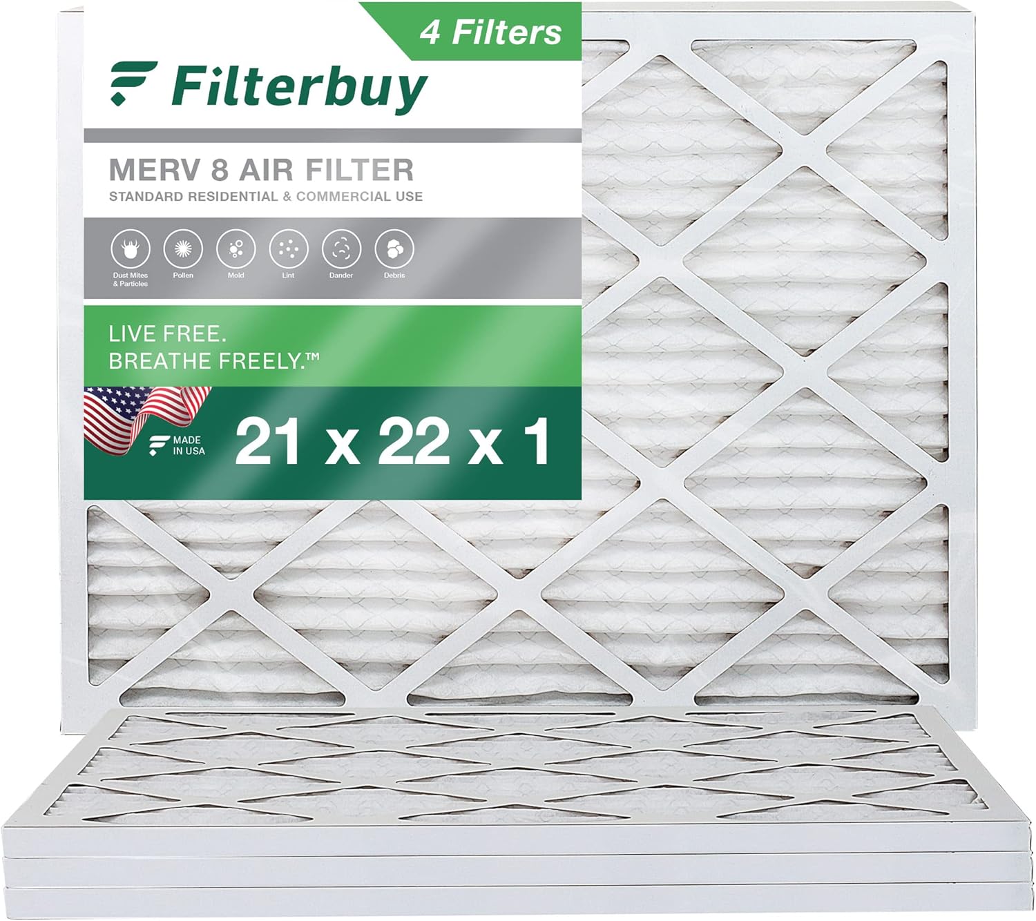 Filterbuy 21x22x1 Air Filter MERV 8 Dust Defense (4Pack), Pleated HVAC
