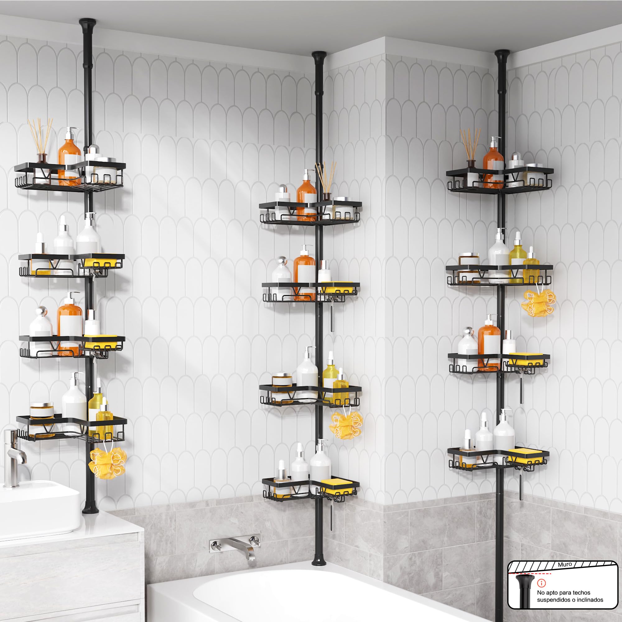 KEGII Telescópica Estantería Ducha, Esquina Estante Ducha, Estanteria baño Sin Taladro, Estanteria Ducha con 4 Cestas para Bañera y Baño, Altura Ajustable 63.5-290 CM，Negro